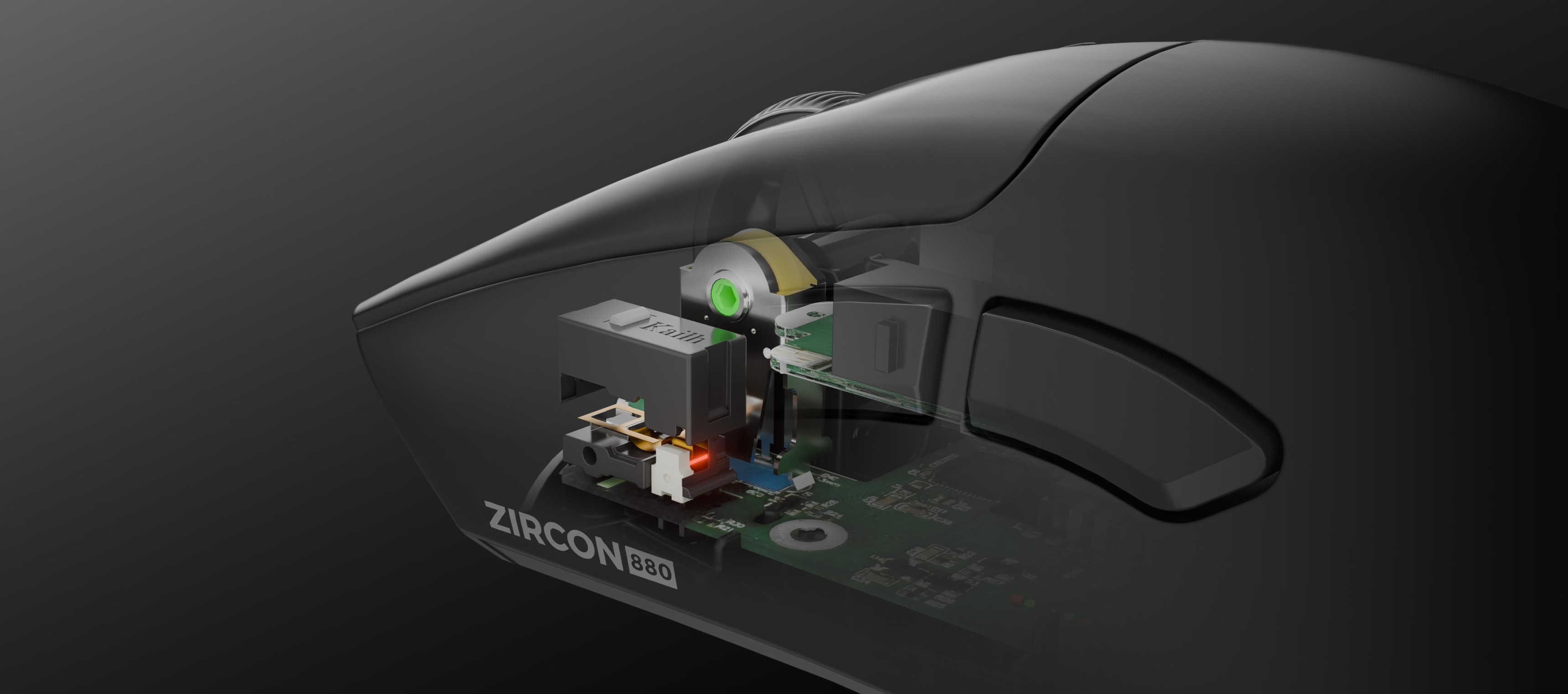 Close-up view of a computer mouse showing its internal components and circuit board.