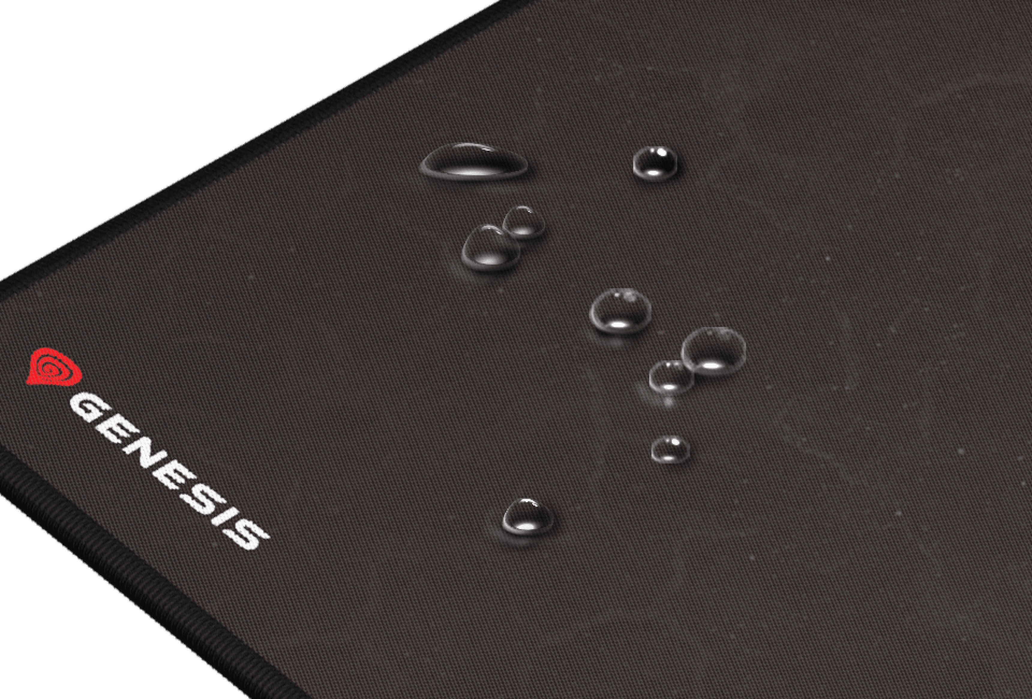 Large black gaming mouse pad with droplets of water on the surface and the Genesis logo in the corner