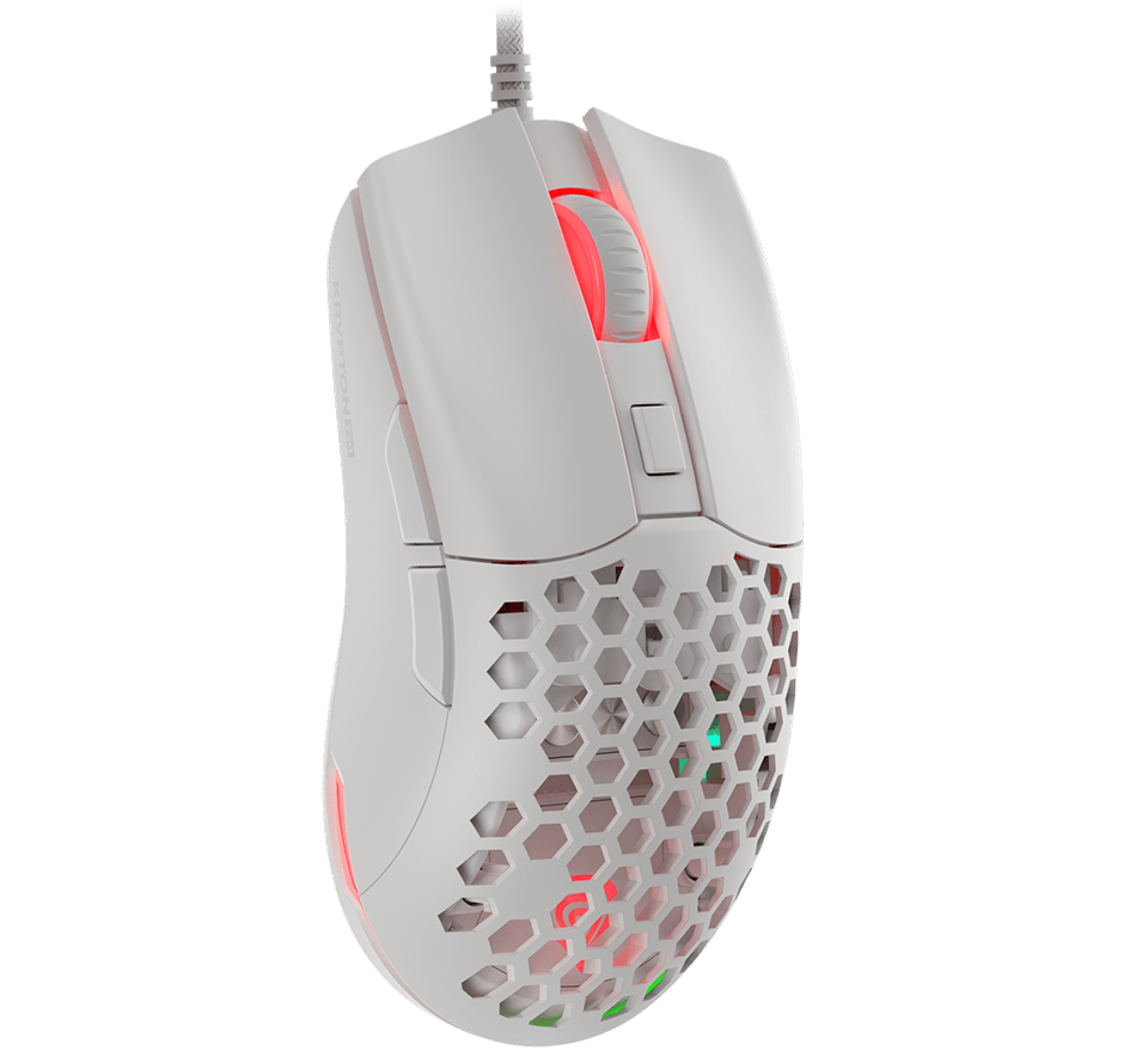 Lightweight white gaming mouse with RGB lighting, honeycomb design, 8000 DPI, and customizable buttons