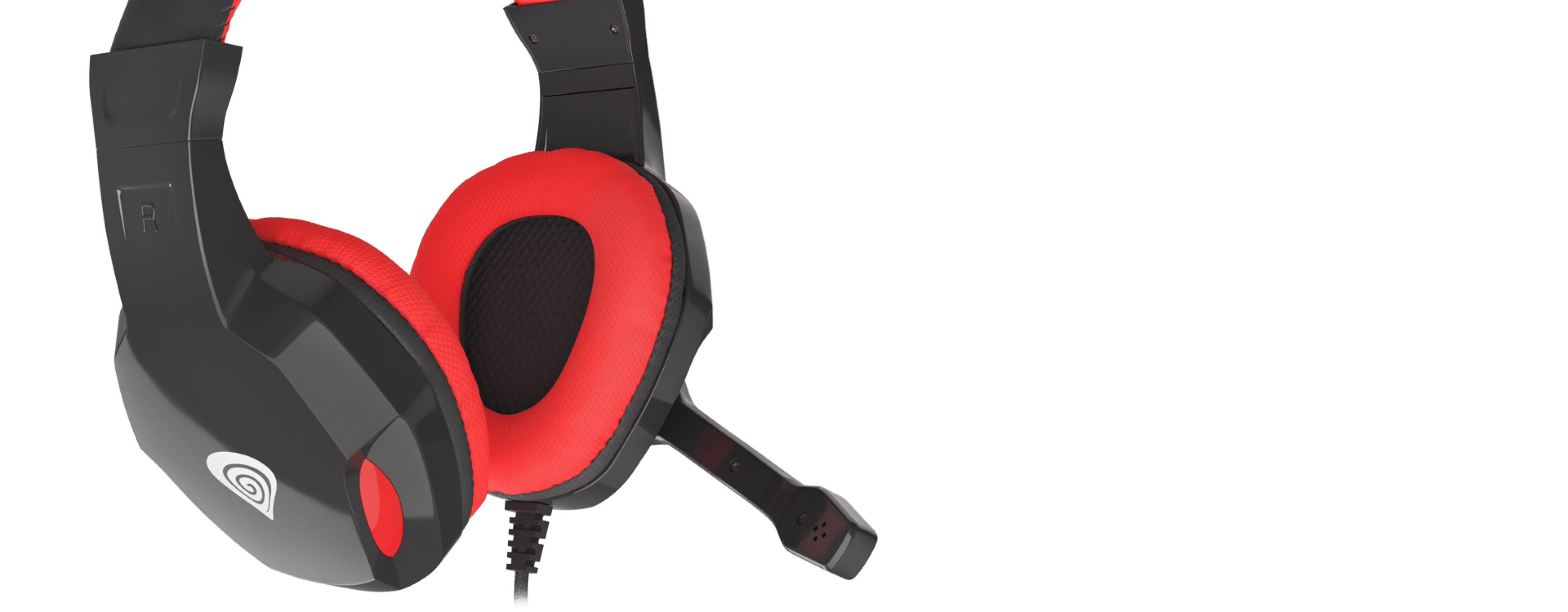 Headset with black and red padding and a connected microphone for communication.