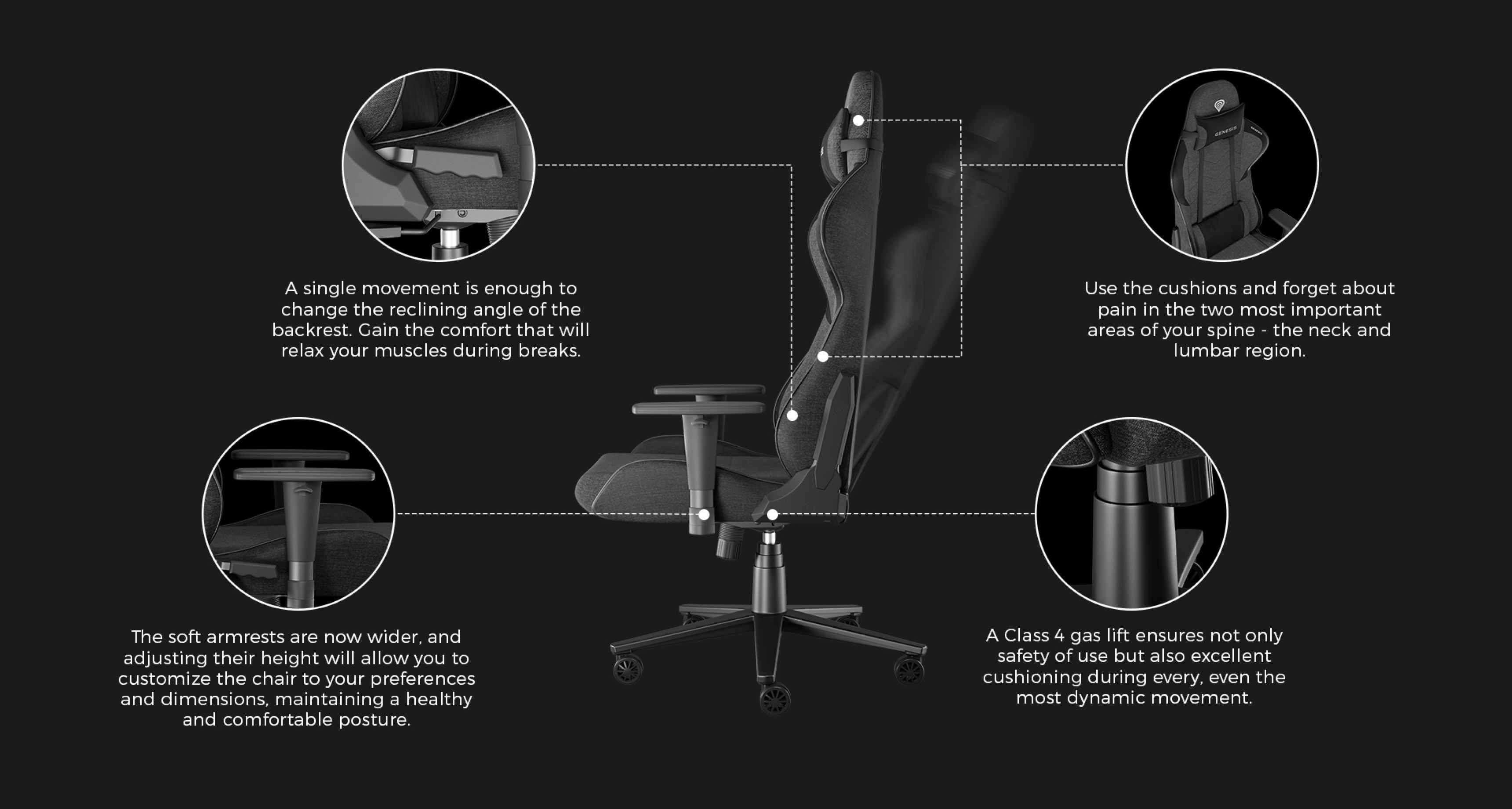 Gray Genesis Nitro 550 G2 gaming chair features adjustable backrest, wider armrests, and ergonomic design for comfort