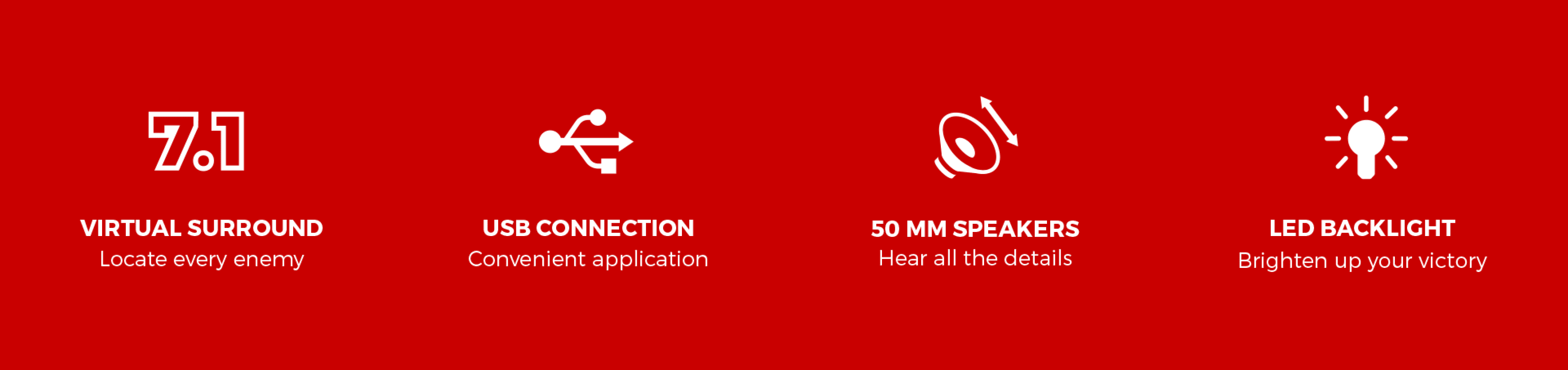 Red background with four icons representing audio features and connectivity options.