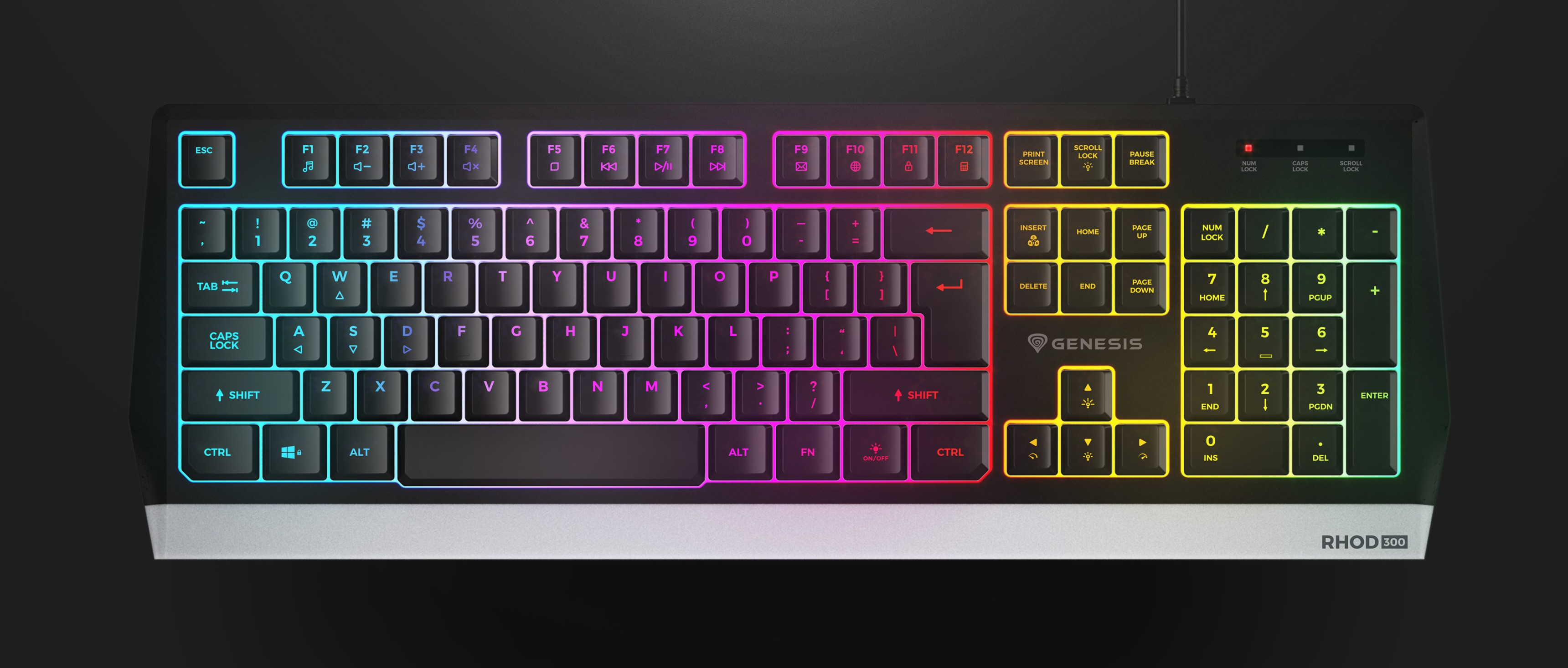RGB gaming keyboard with a sleek design, featuring customizable backlighting and an ergonomic layout