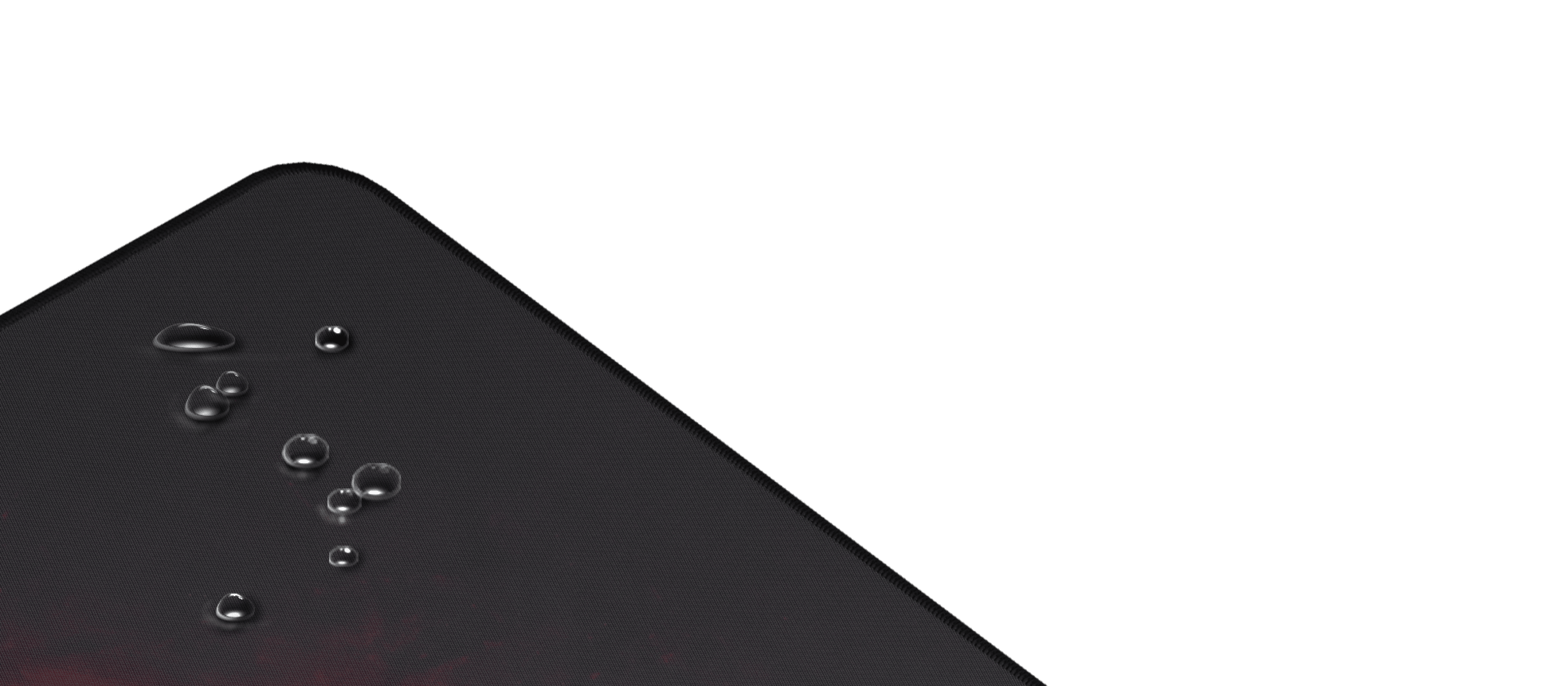 Black Genesis Carbon mouse pad with a glossy surface, showing water droplets on the corner. Dimensions 900x450mm