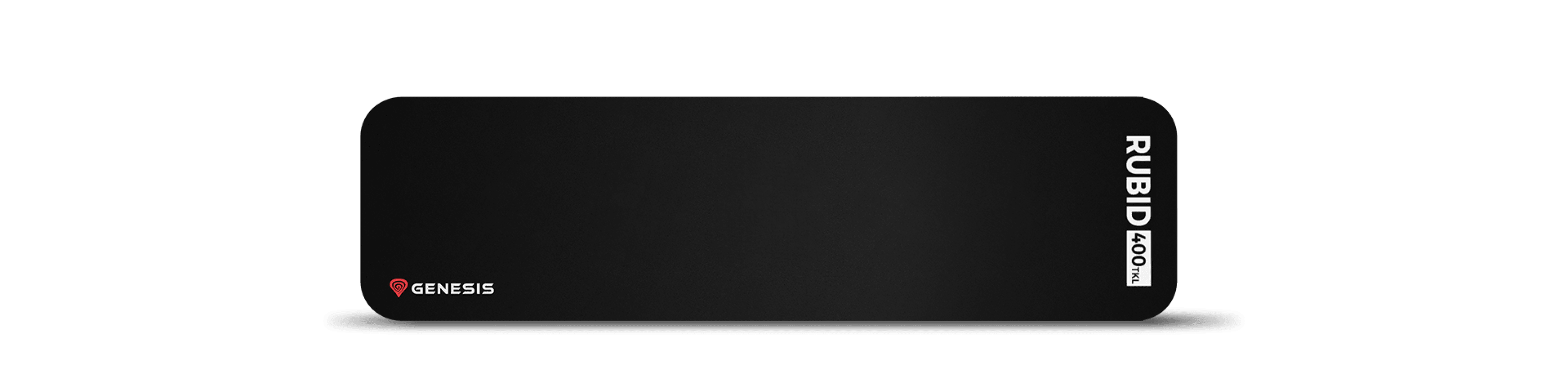 Black wrist rest for keyboards, Genesis Rubid 400, measuring 360x95x15mm. Minimalist design with a logo on one side