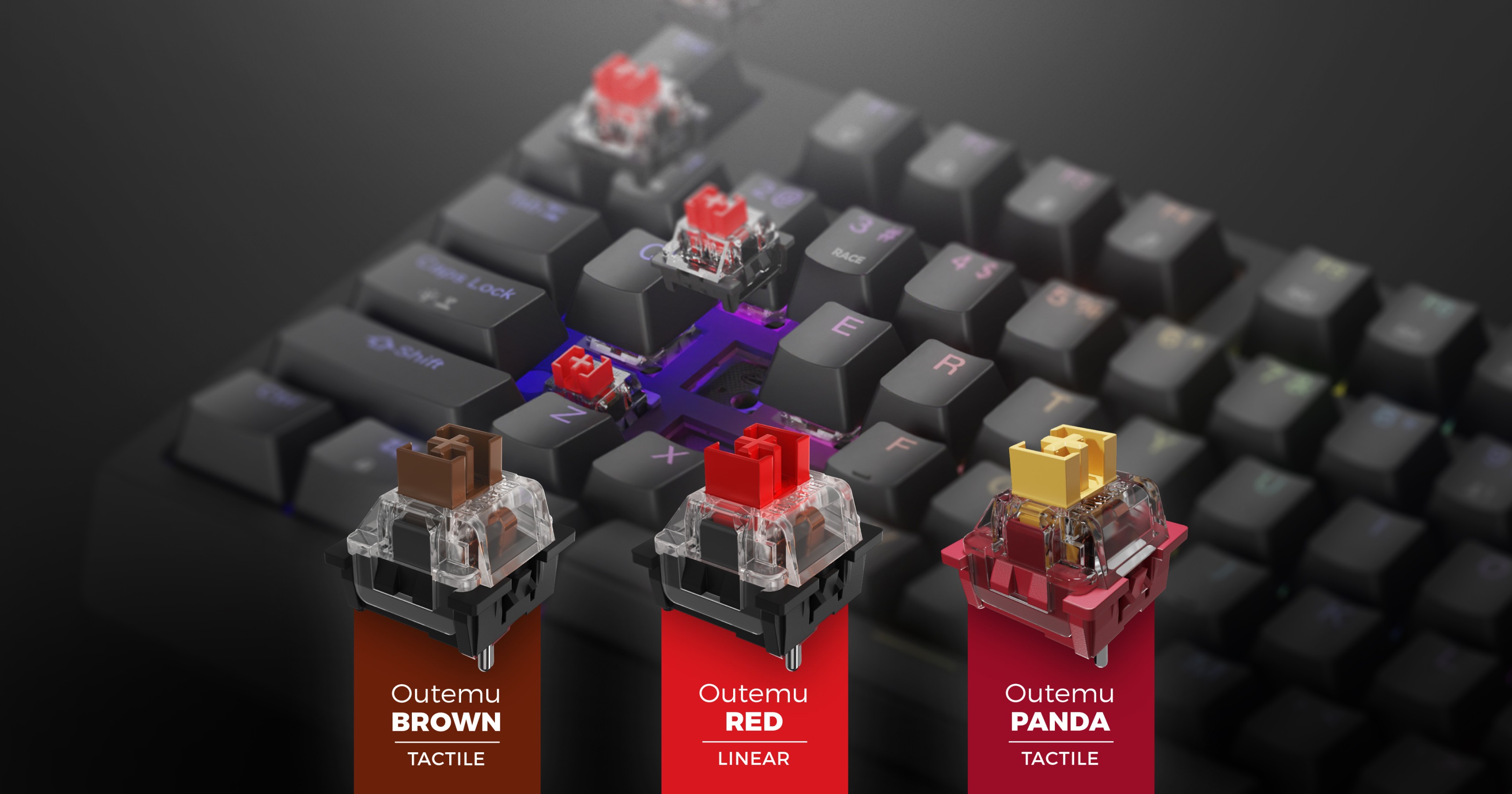 Close-up of a mechanical keyboard featuring Outemu Red switches, with visual icons for Brown and Panda switches below