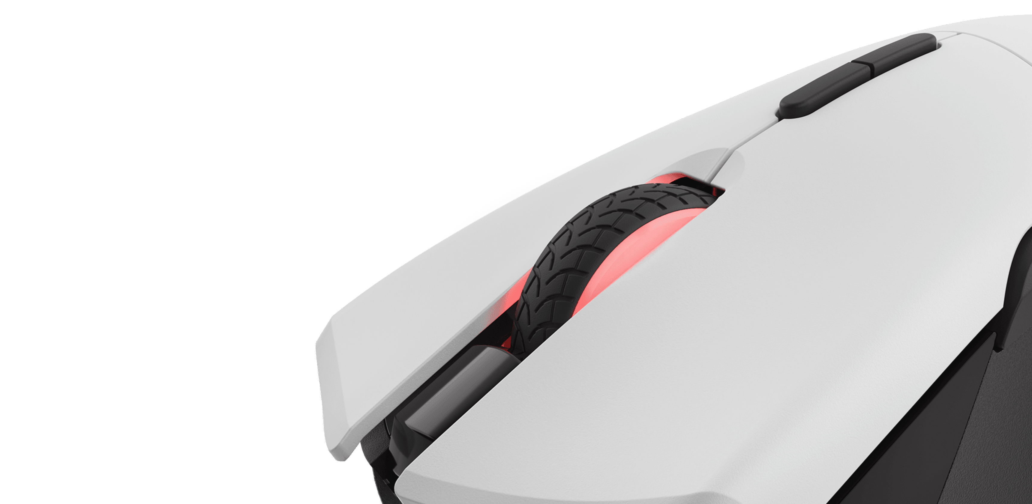 White gaming mouse with programmable features, RGB lighting, and a unique tire design for enhanced grip