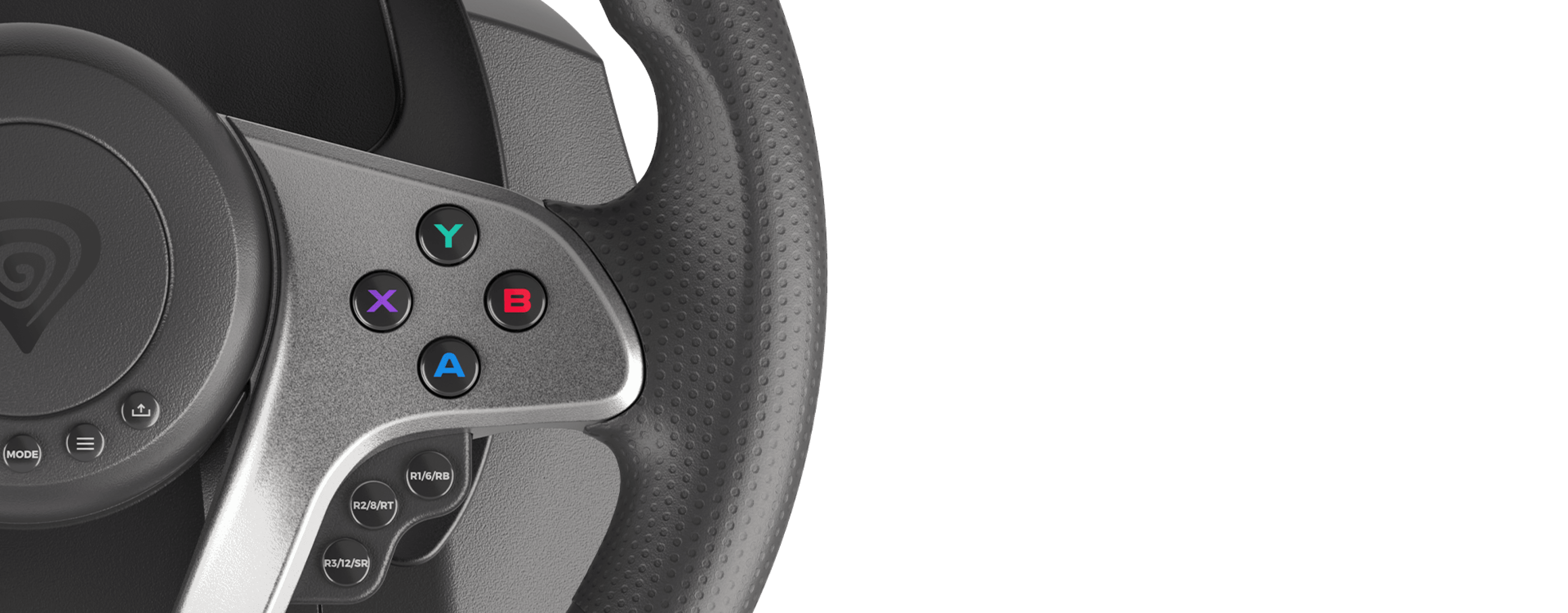 Racing wheel designed for PC and multiple gaming consoles, featuring colorful action buttons and a textured grip