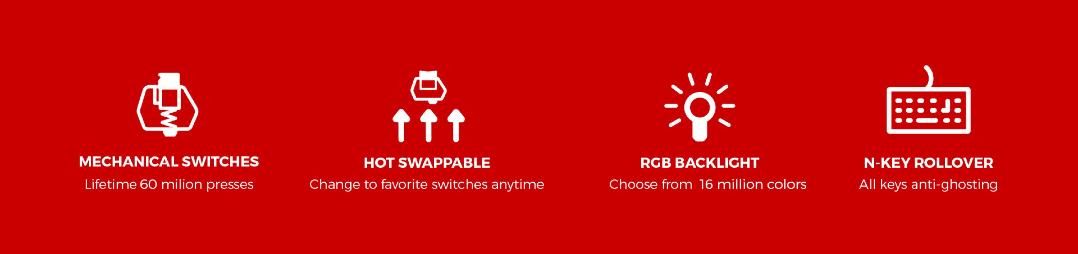 Features of the Genesis Thor 404 TKL keyboard: mechanical switches, hot-swappable keys, RGB backlighting, and N-key rollover