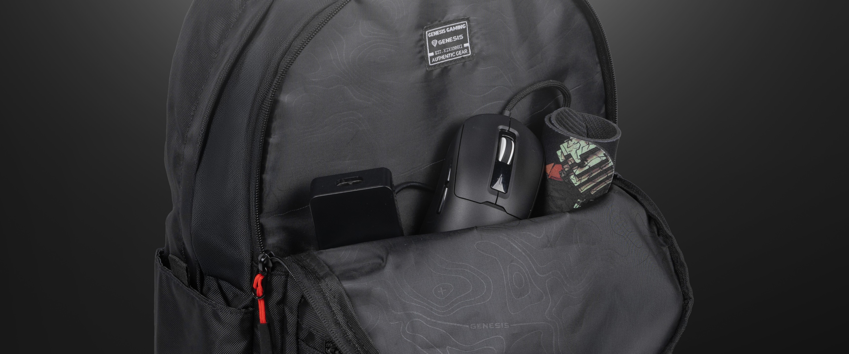 Black 19L Genesis Pallad 200 backpack featuring a front pocket with a smartphone, mouse, and other accessories