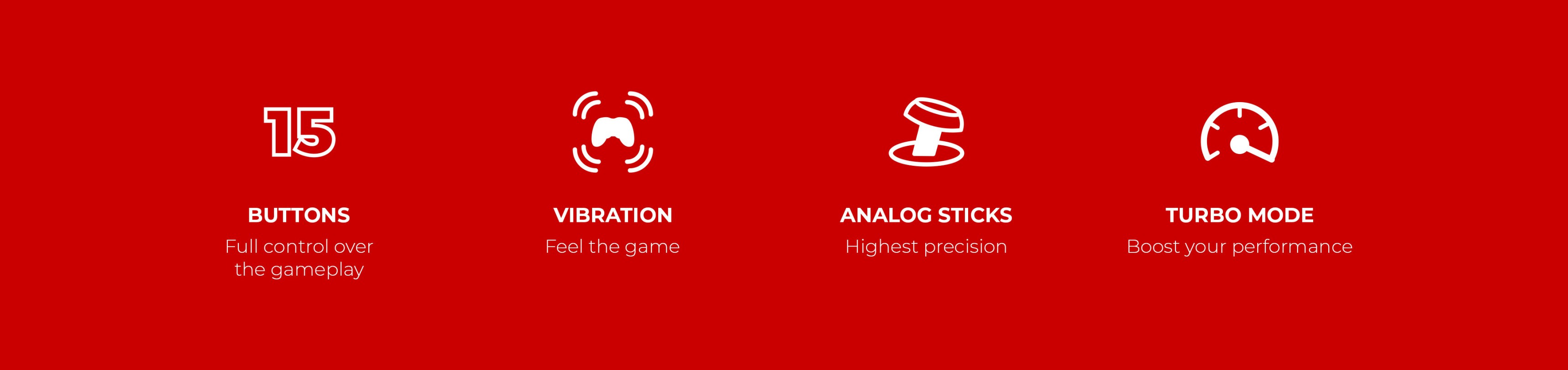 Red background featuring icons for buttons, vibration, analog sticks, and turbo mode.