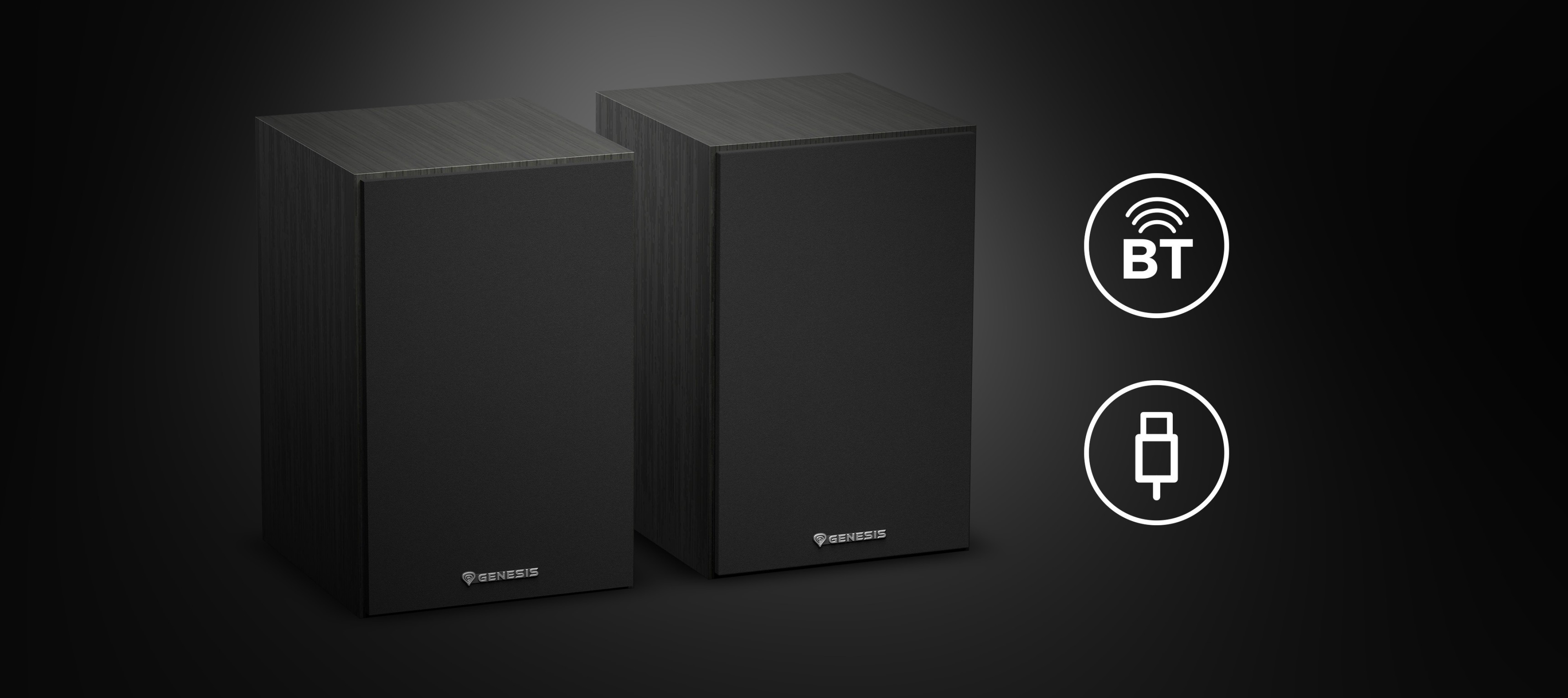 Black Genesis Arsen 302BT 2.0 speakers with Bluetooth and USB connectivity icons