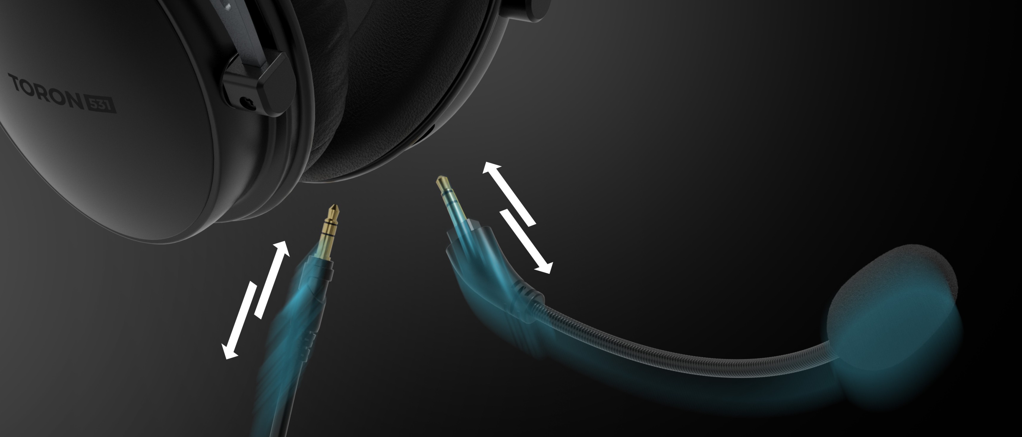 Close-up of black Genesis Toron 531 over-ear headphones with a detachable microphone and audio jack