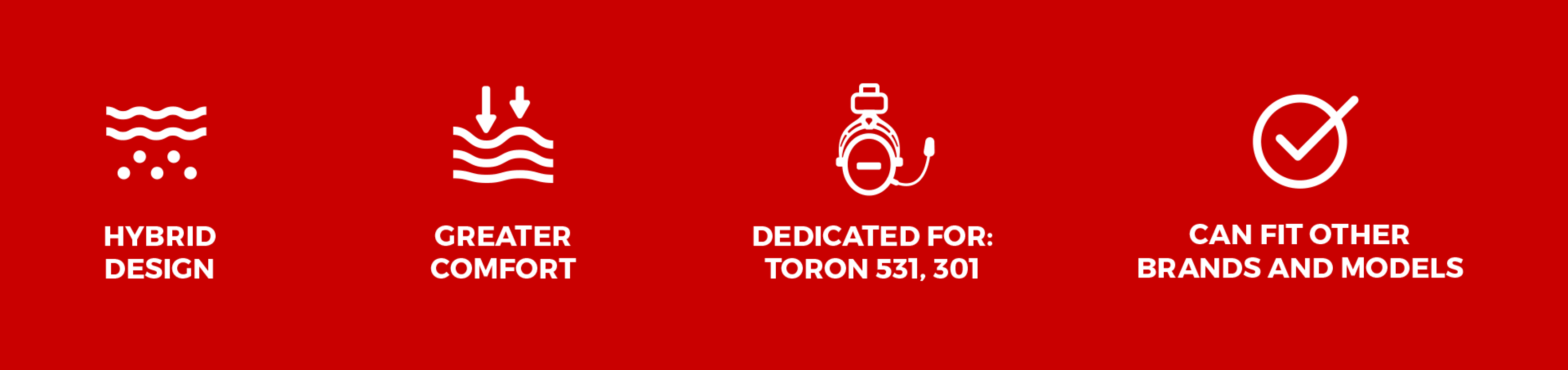 Icons highlighting features of Genesis Toron EP01 headset pads: hybrid design, comfort, compatibility with Toron models, and fit for other brands