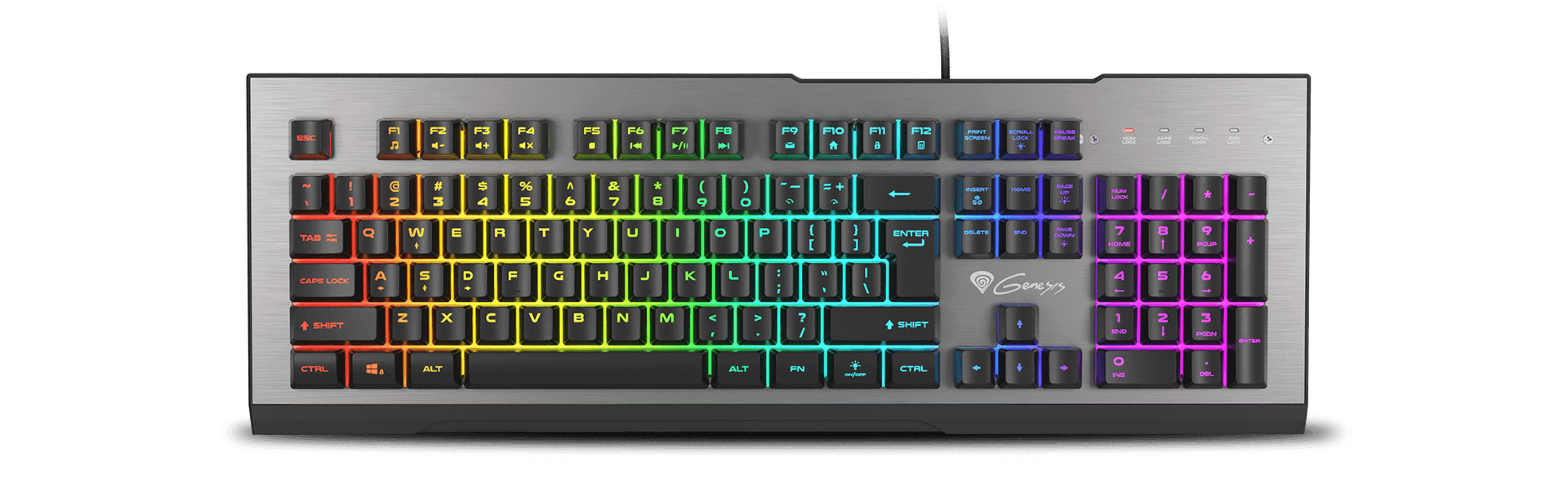 Keyboard featuring multi-colored illuminated keys and a cable for connection.