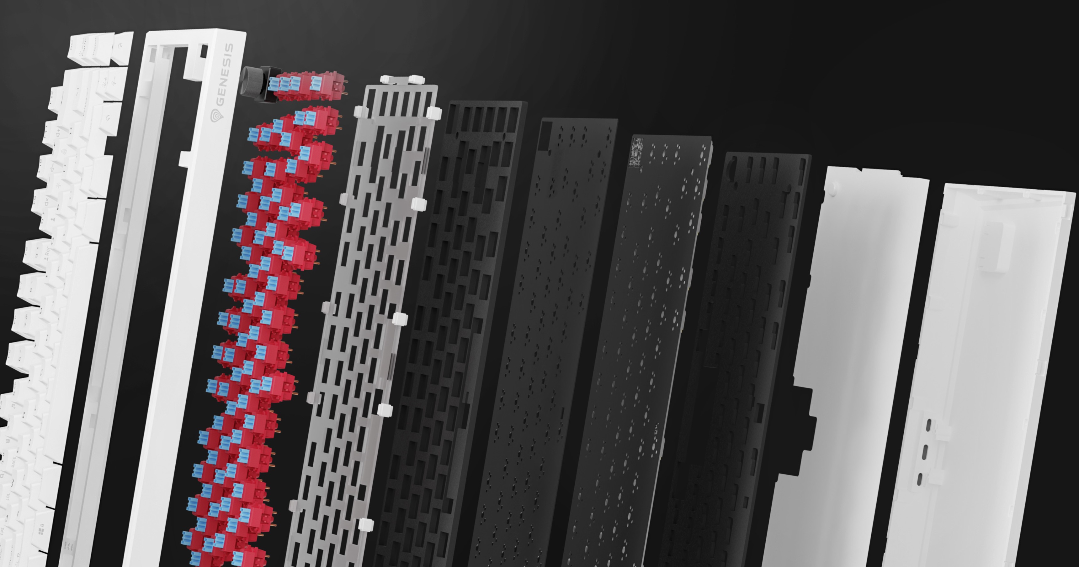 Various panels in different colors and patterns arranged in a row against a dark background.