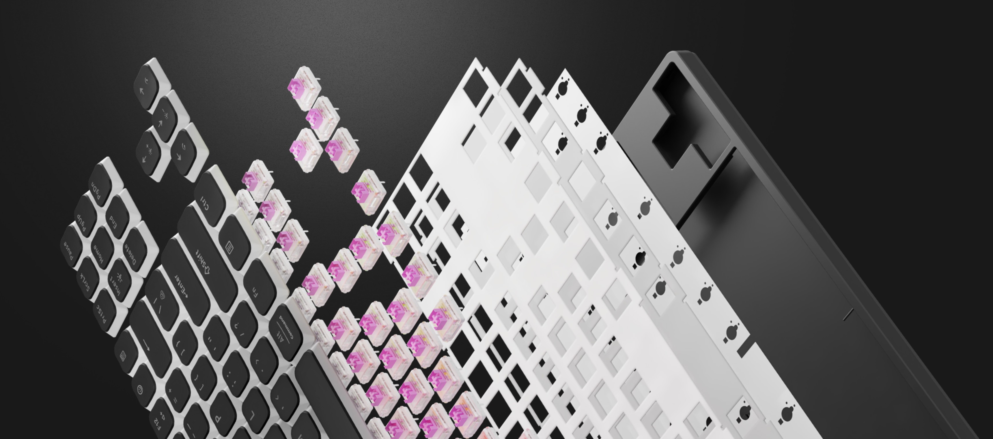 Exploded view of a keyboard showing individual keys and underlying structures.