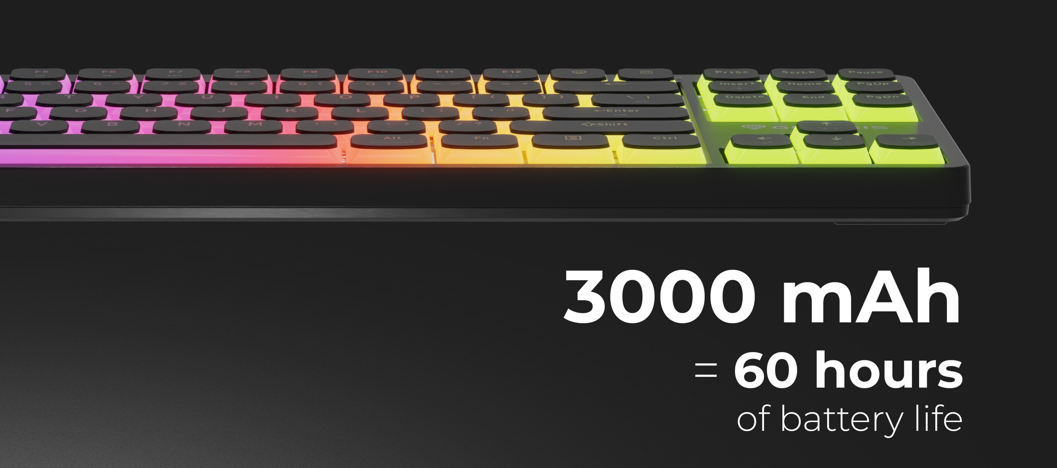 Keyboard with colorful backlighting and a sleek design showing battery capacity.