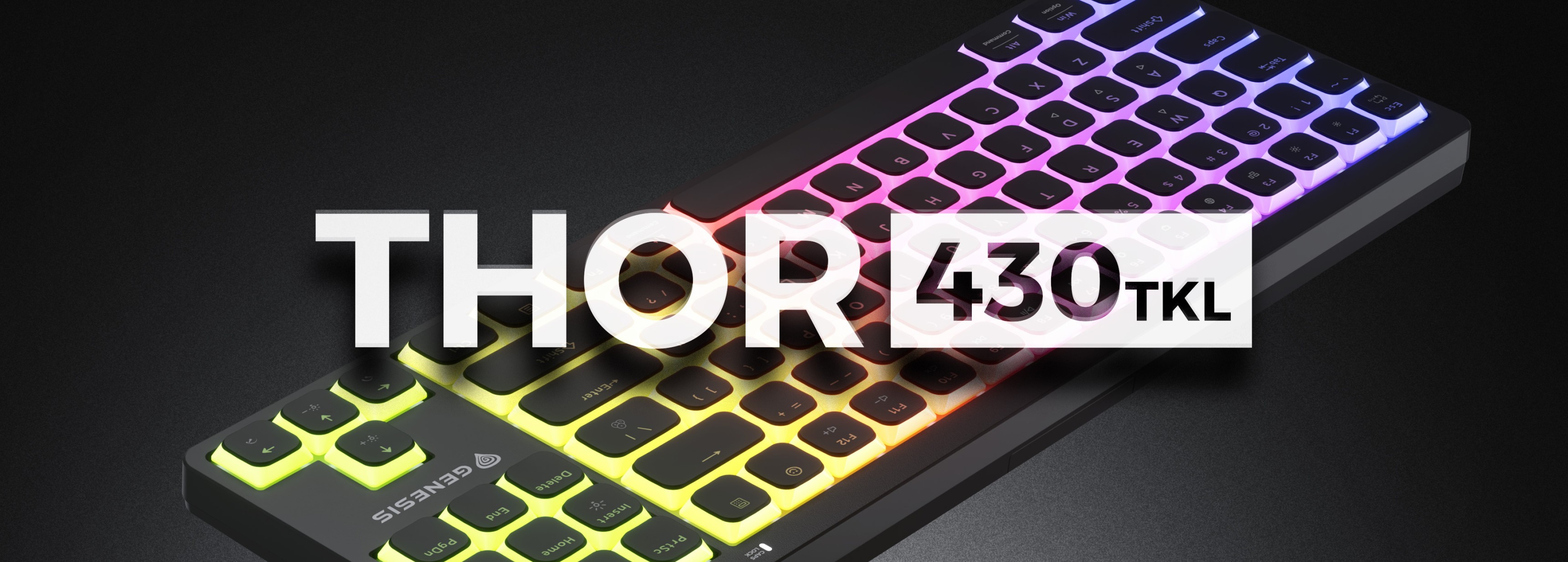 Gaming keyboard with backlit keys in various colors and a compact design.