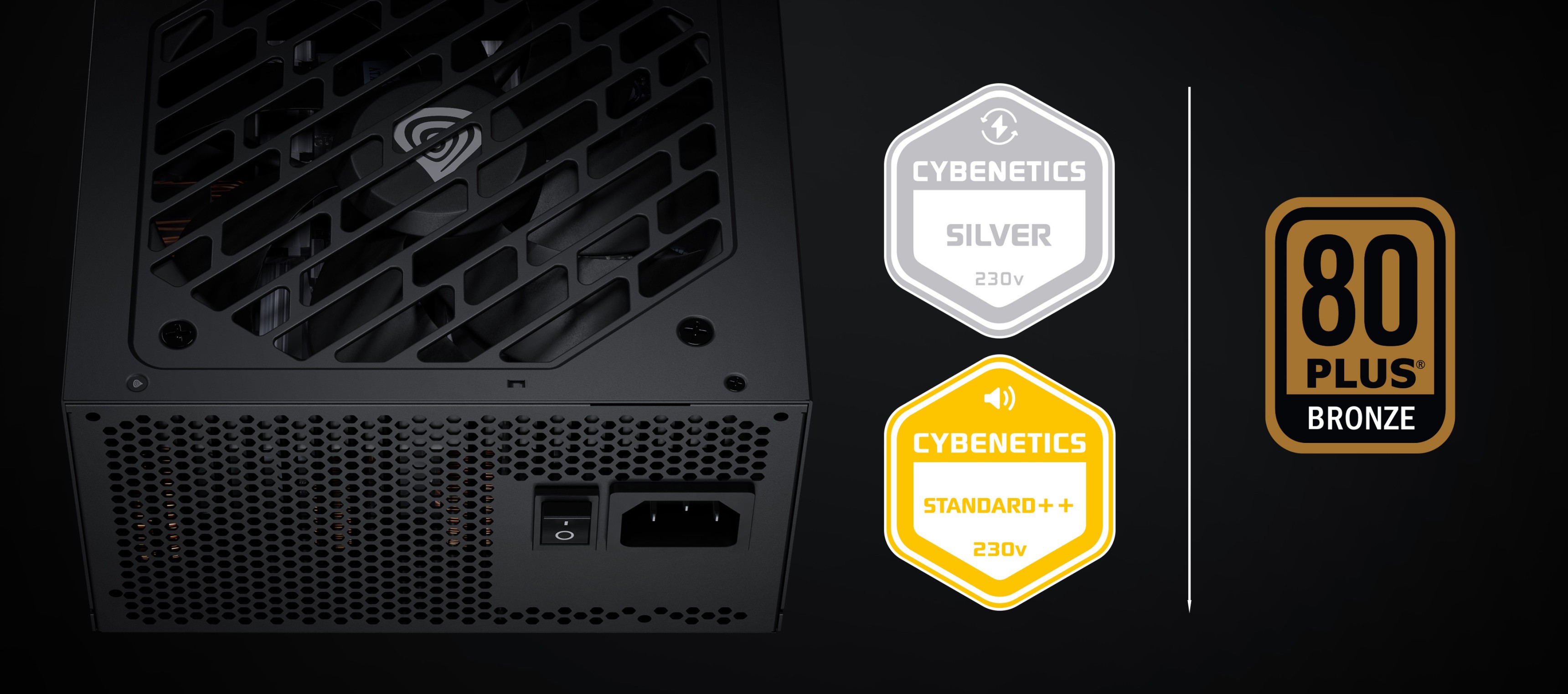 Power supply unit with a mesh cover and three certification labels on a dark background.