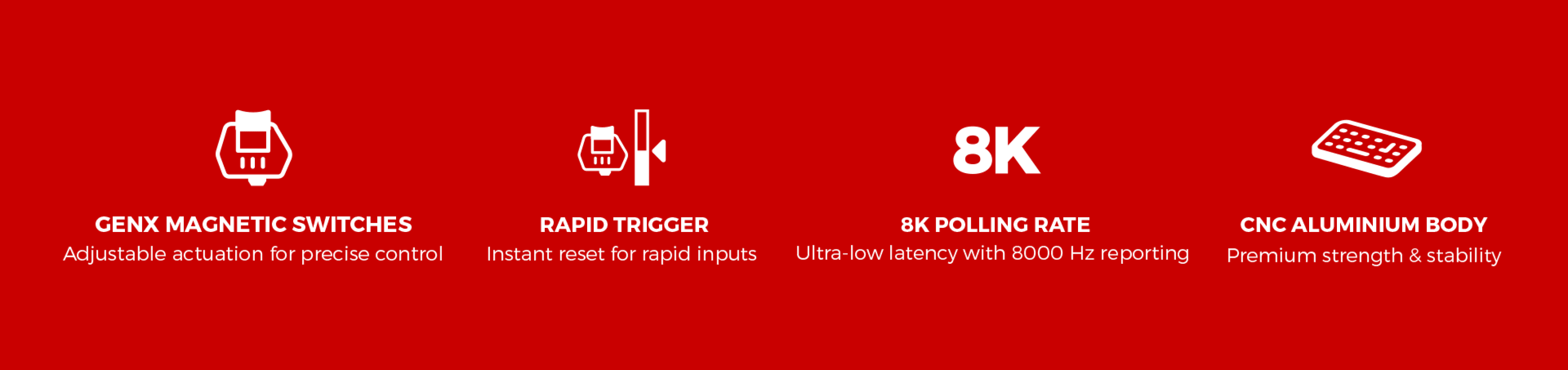 Four features on a red background: adjustable switches, rapid trigger, high polling rate, and body quality.