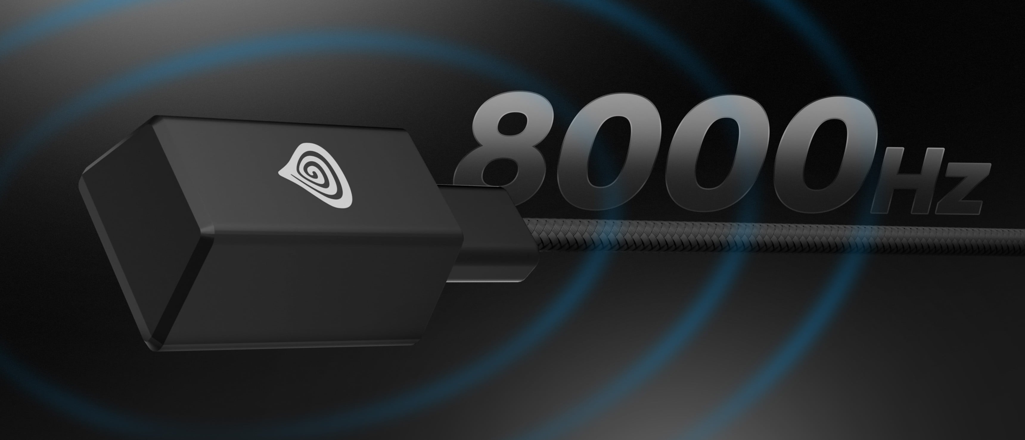 Device with a connection cable and a logo, accompanied by sound wave graphics.