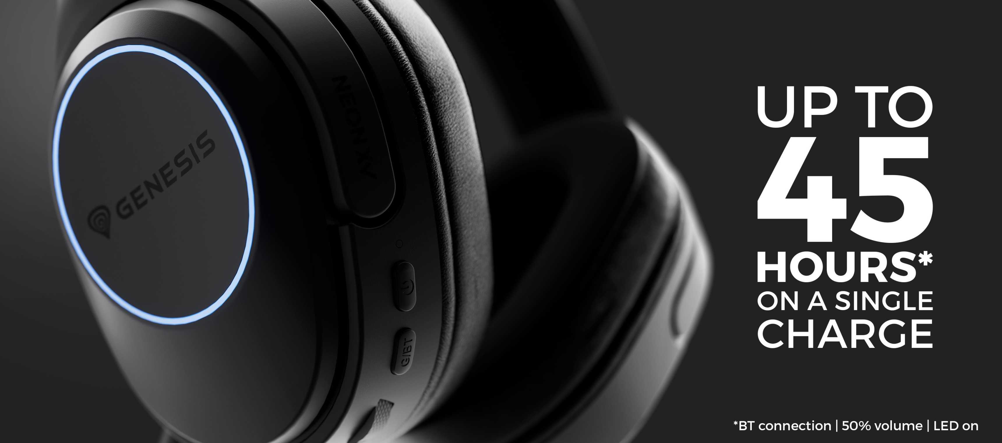 Headphones with a curved design and a glowing blue light on the ear cup.