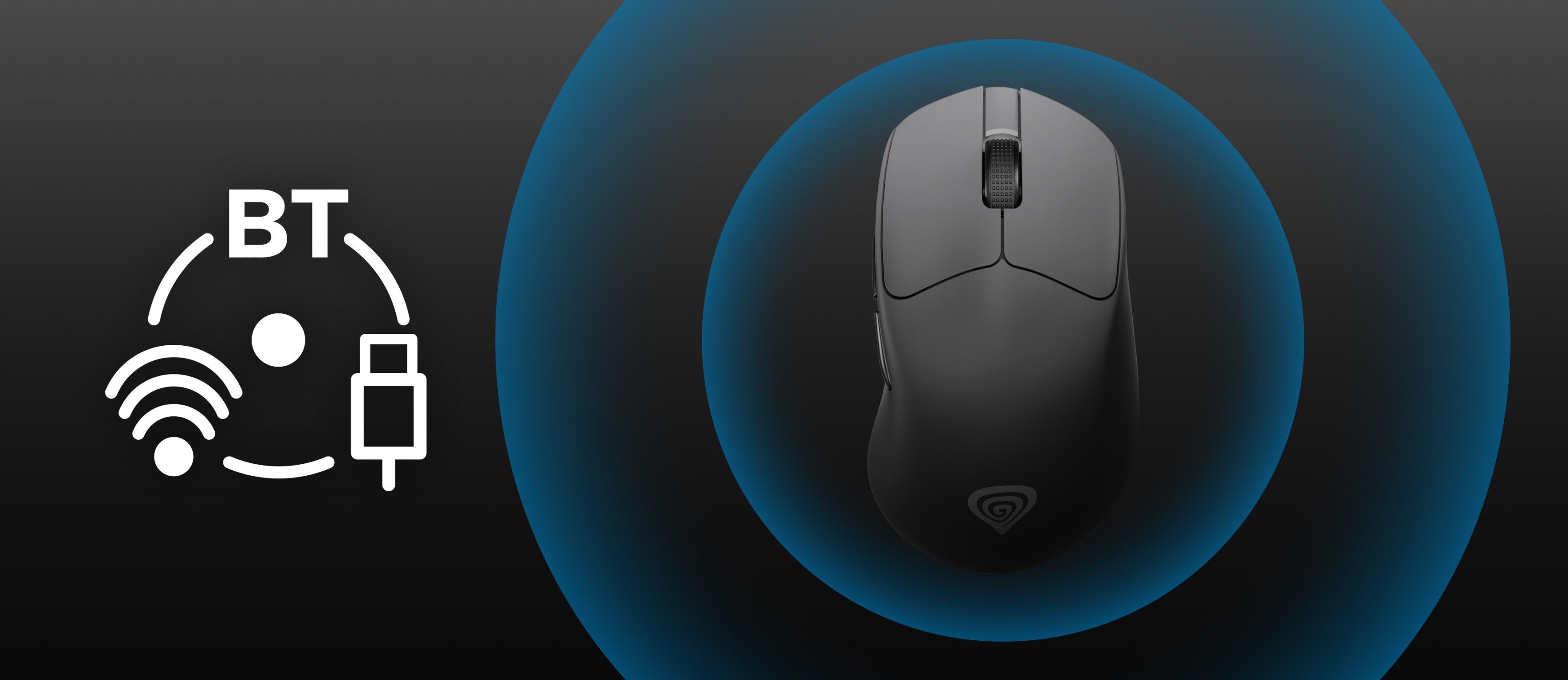 Wireless mouse with a sleek design surrounded by a glowing blue circle.
