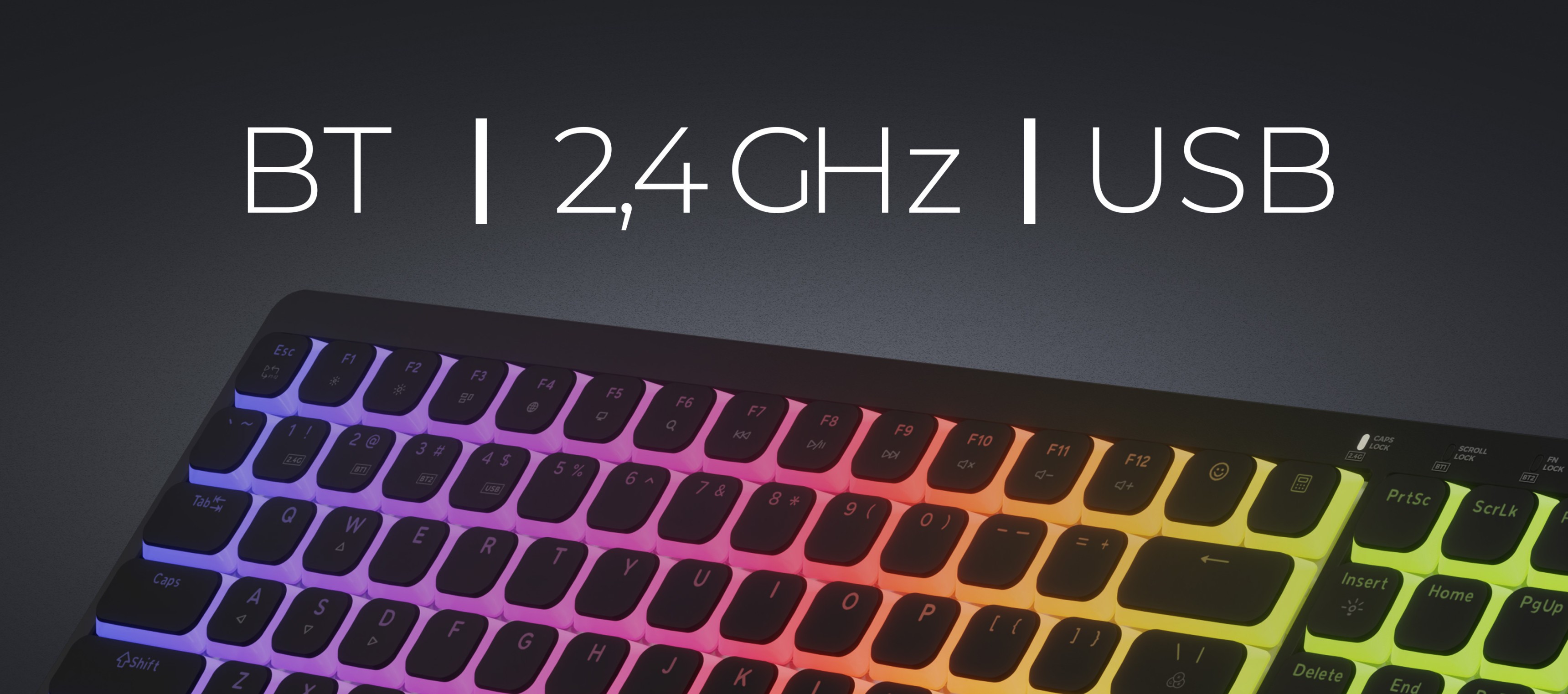 Keyboard with colorful backlighting and multiple connection options.