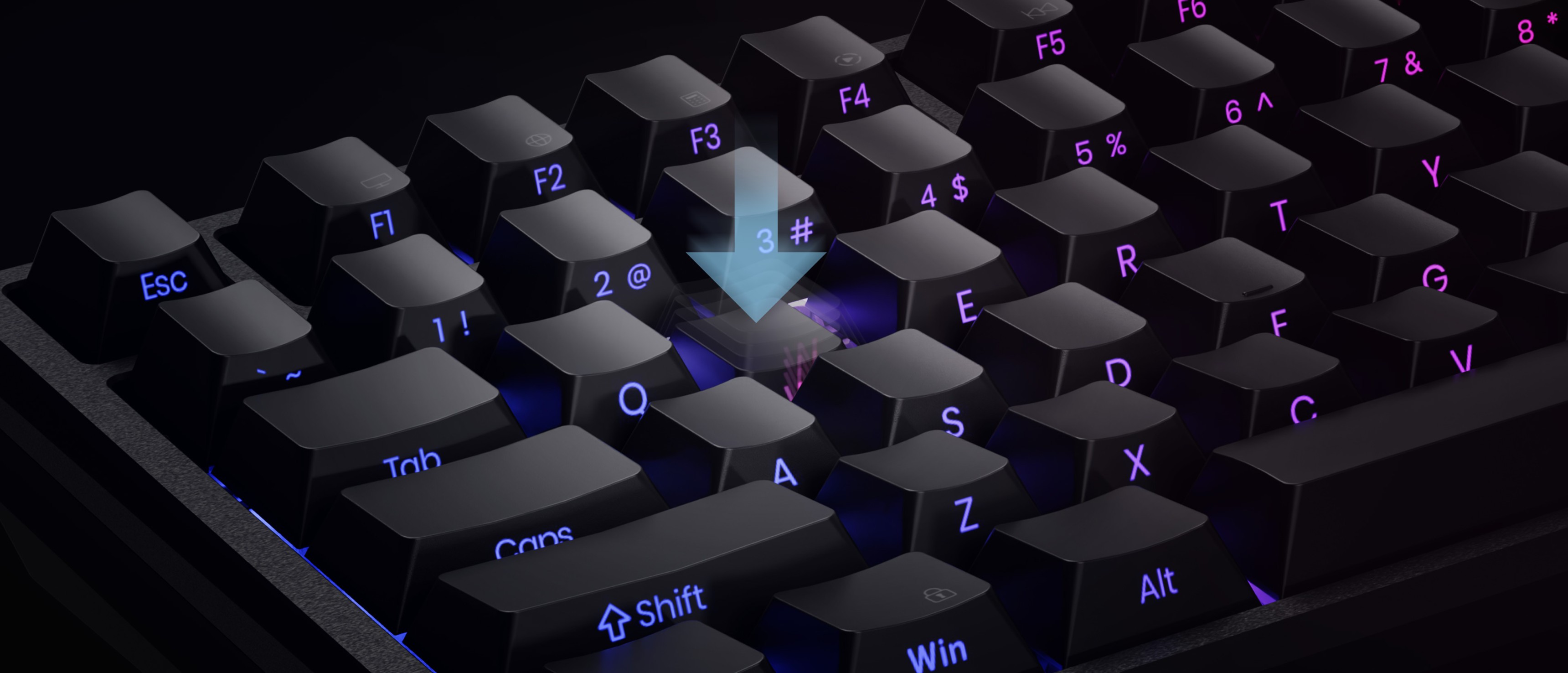 Close-up of a keyboard showing some keys with glowing purple and blue backlighting.