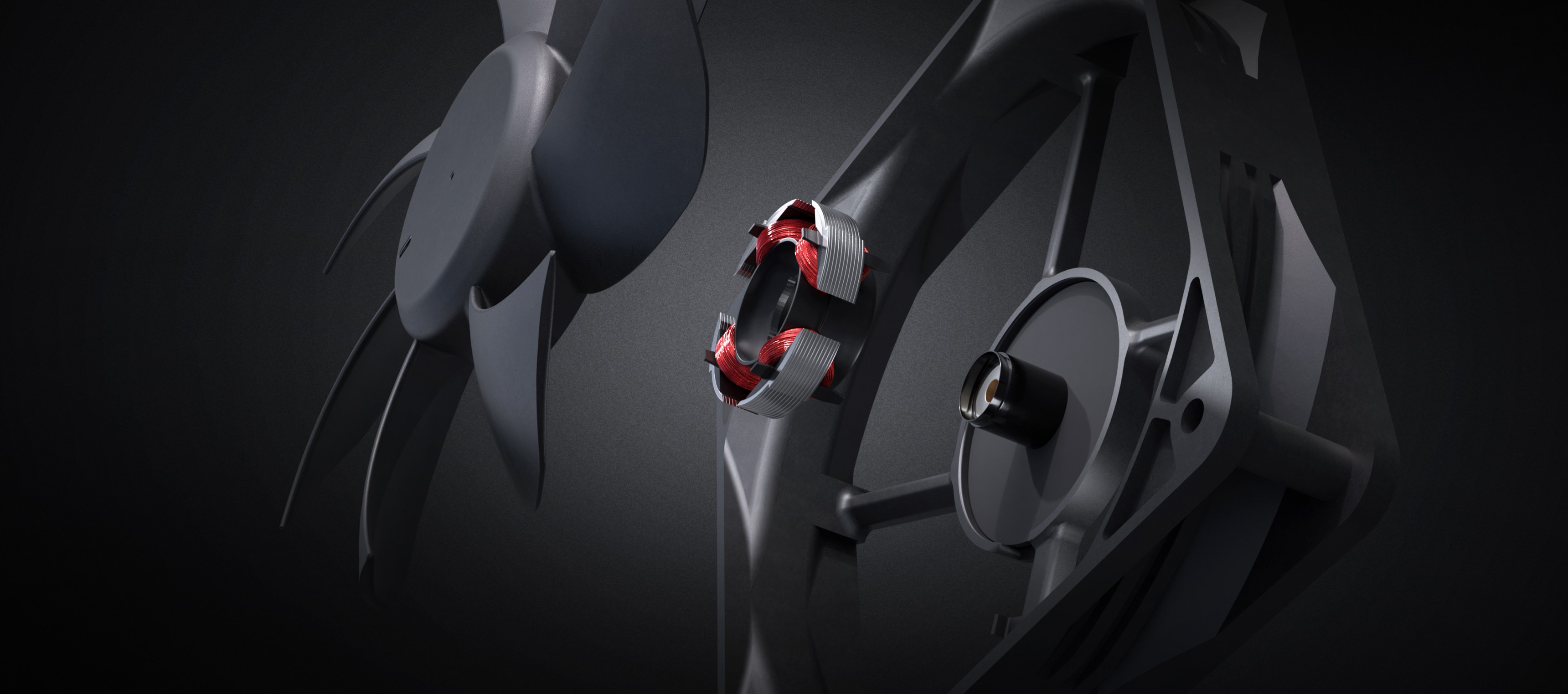 Fan components showing blades and a central hub in a dark background.