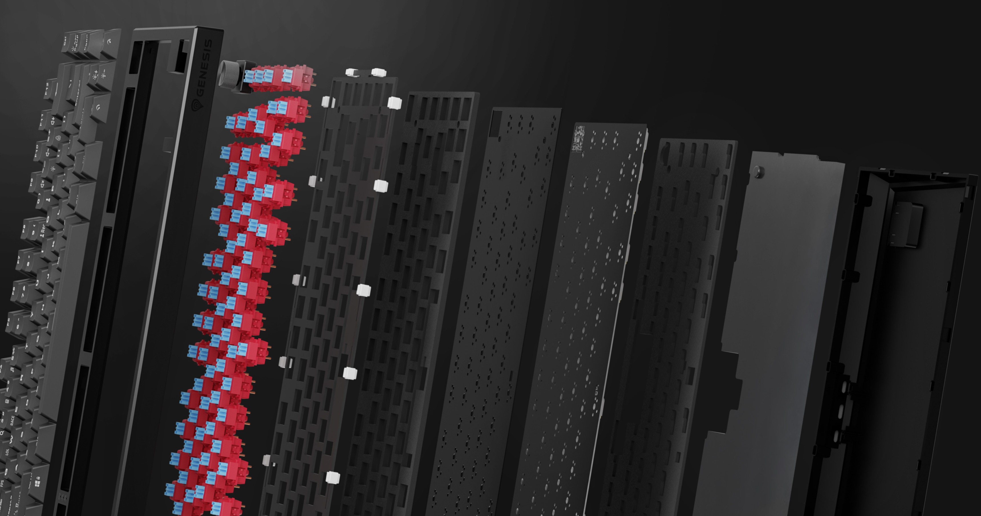 A collection of layers showing various keyboard switches and components in different textures.