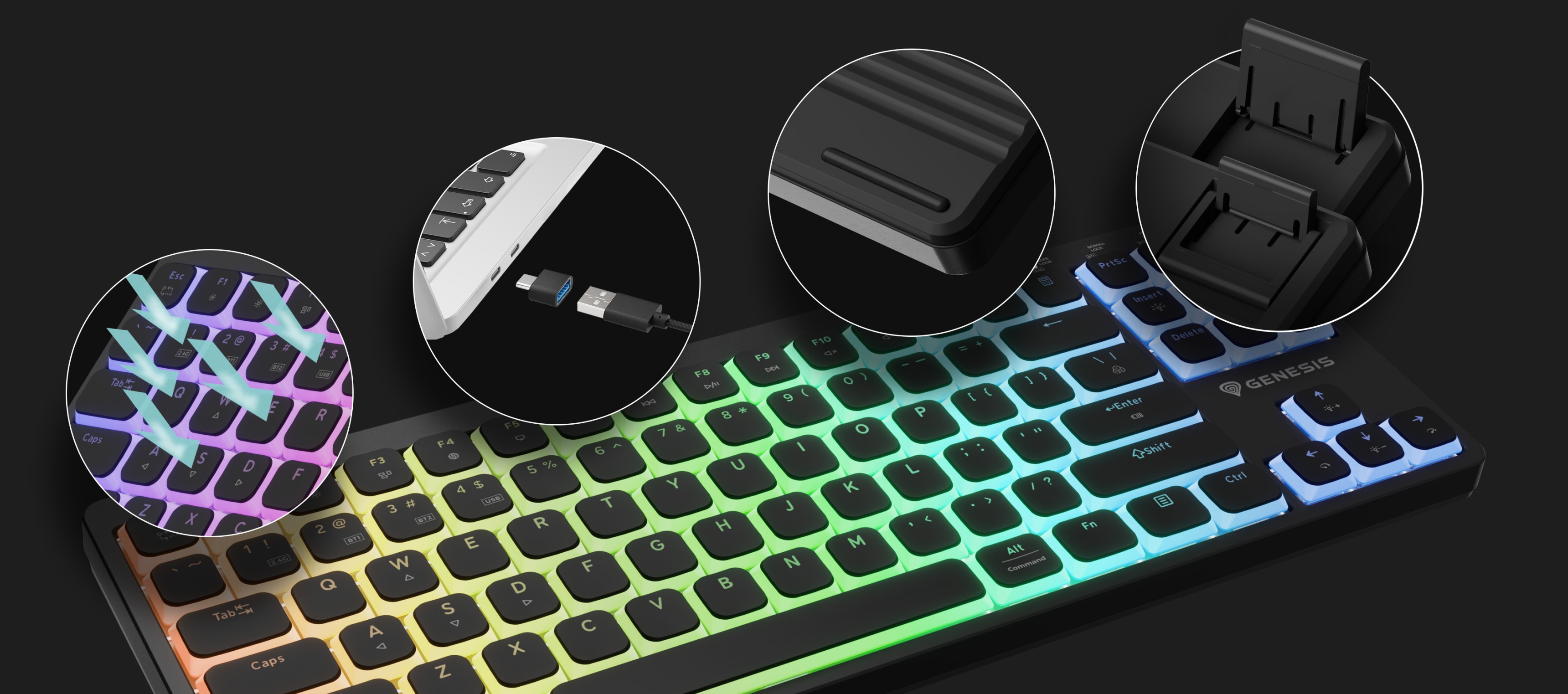 Keyboard with colorful backlighting and detachable connection cable with adjustable stands.
