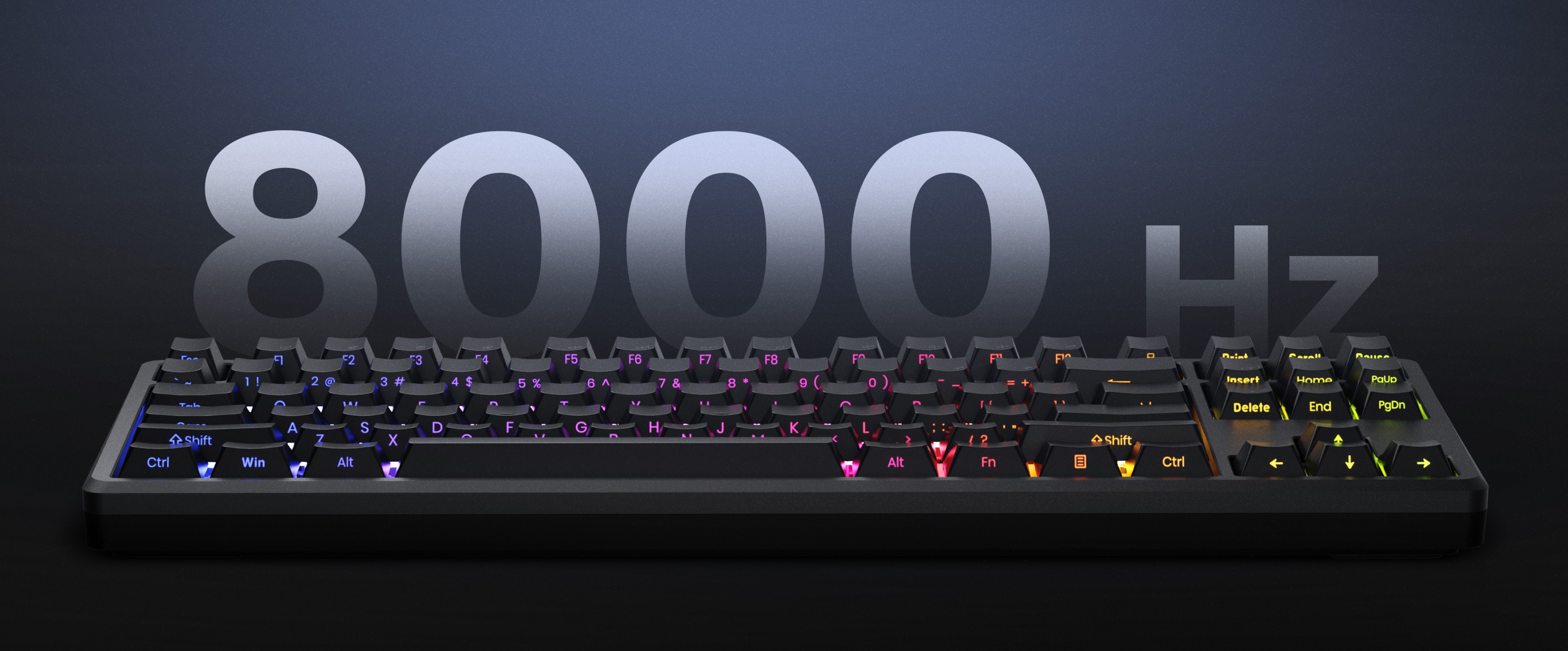 Keyboard with rainbow-colored keys and a dark background.