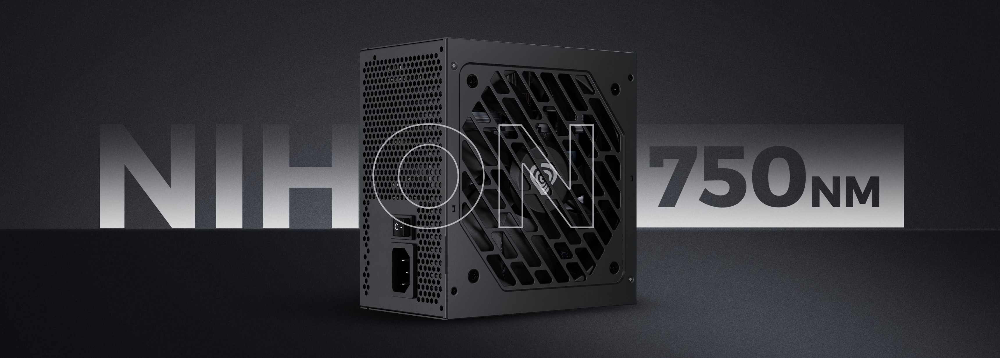 Power supply unit with a black casing and a mesh ventilation design.