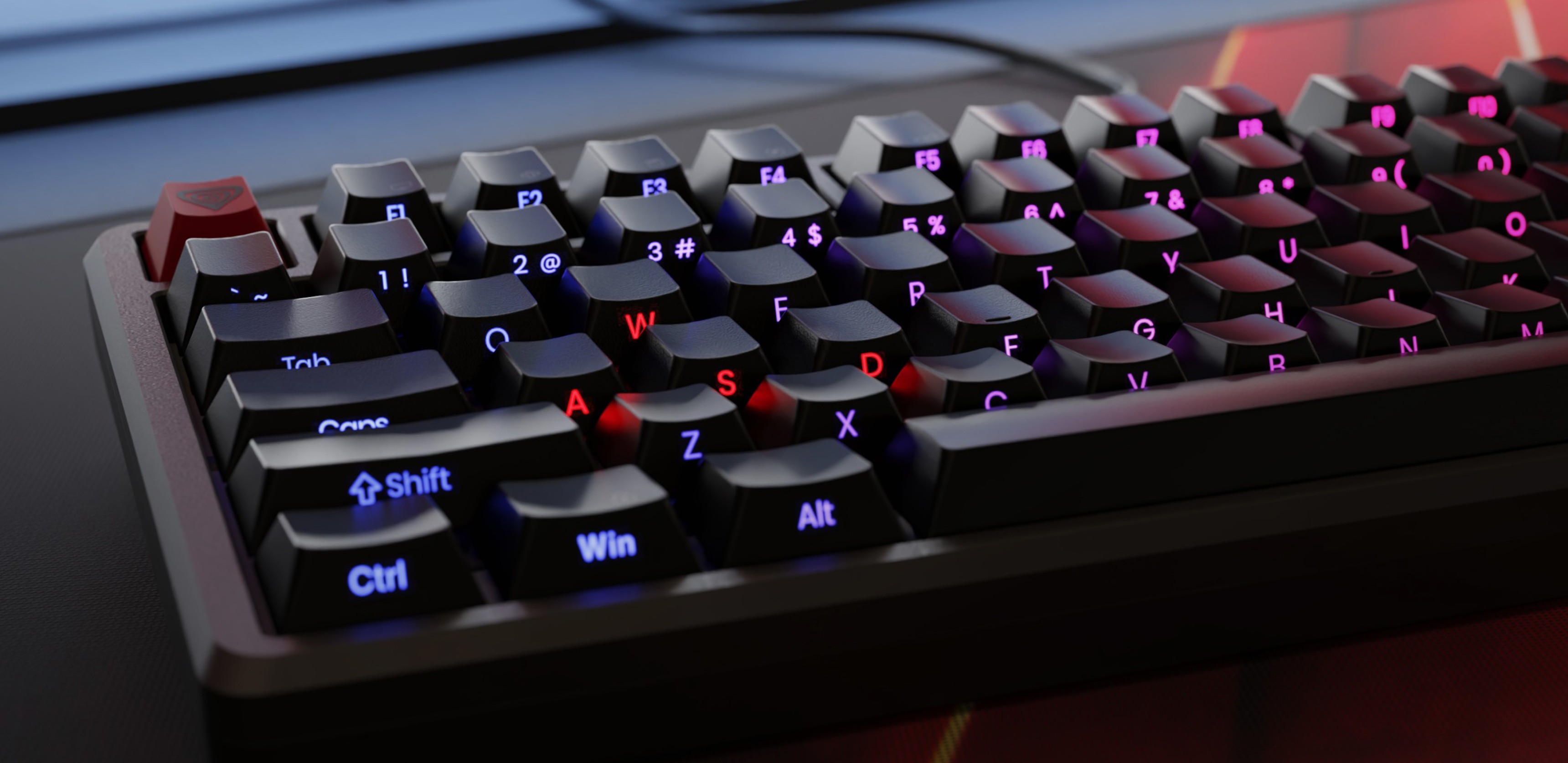 Close-up of a gaming keyboard with illuminated keys in various colors.