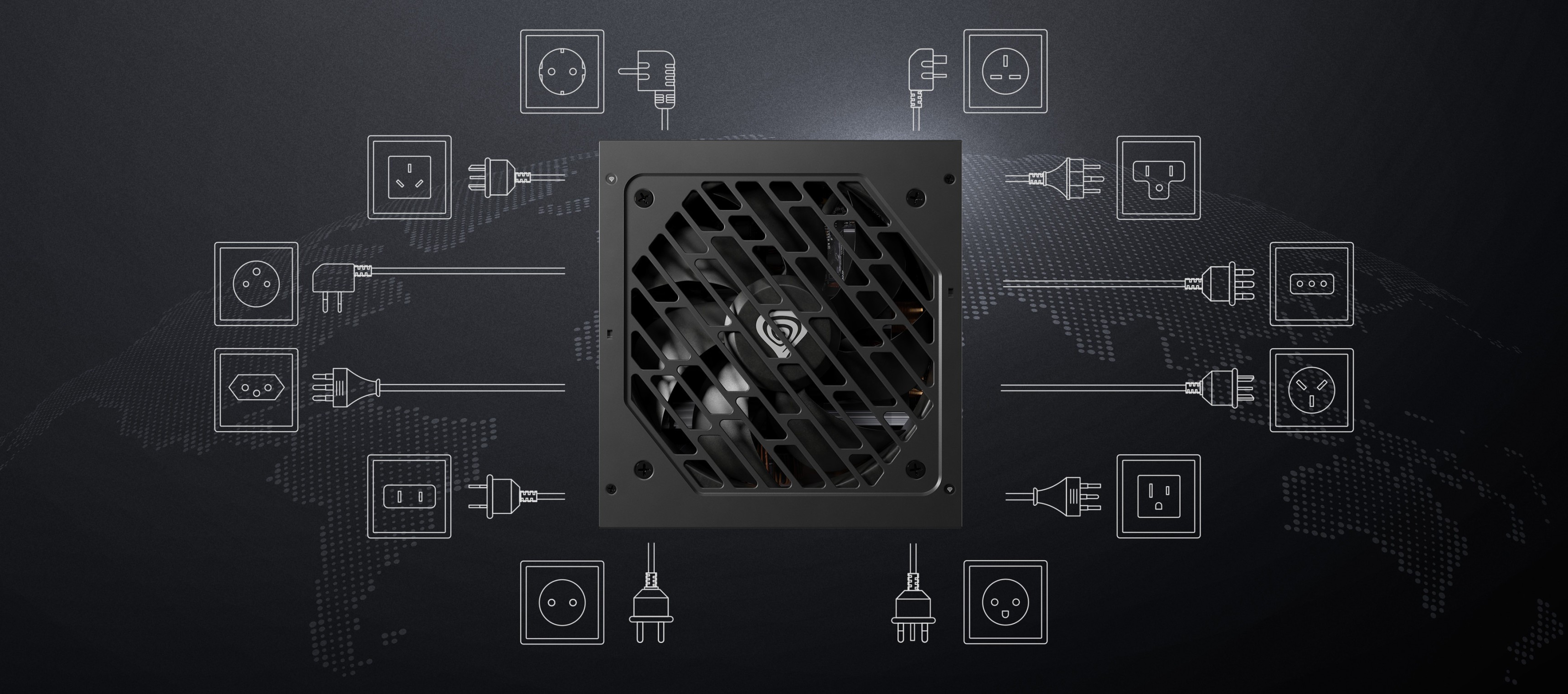 Power supply unit with a vent and various power plug icons surrounding it.