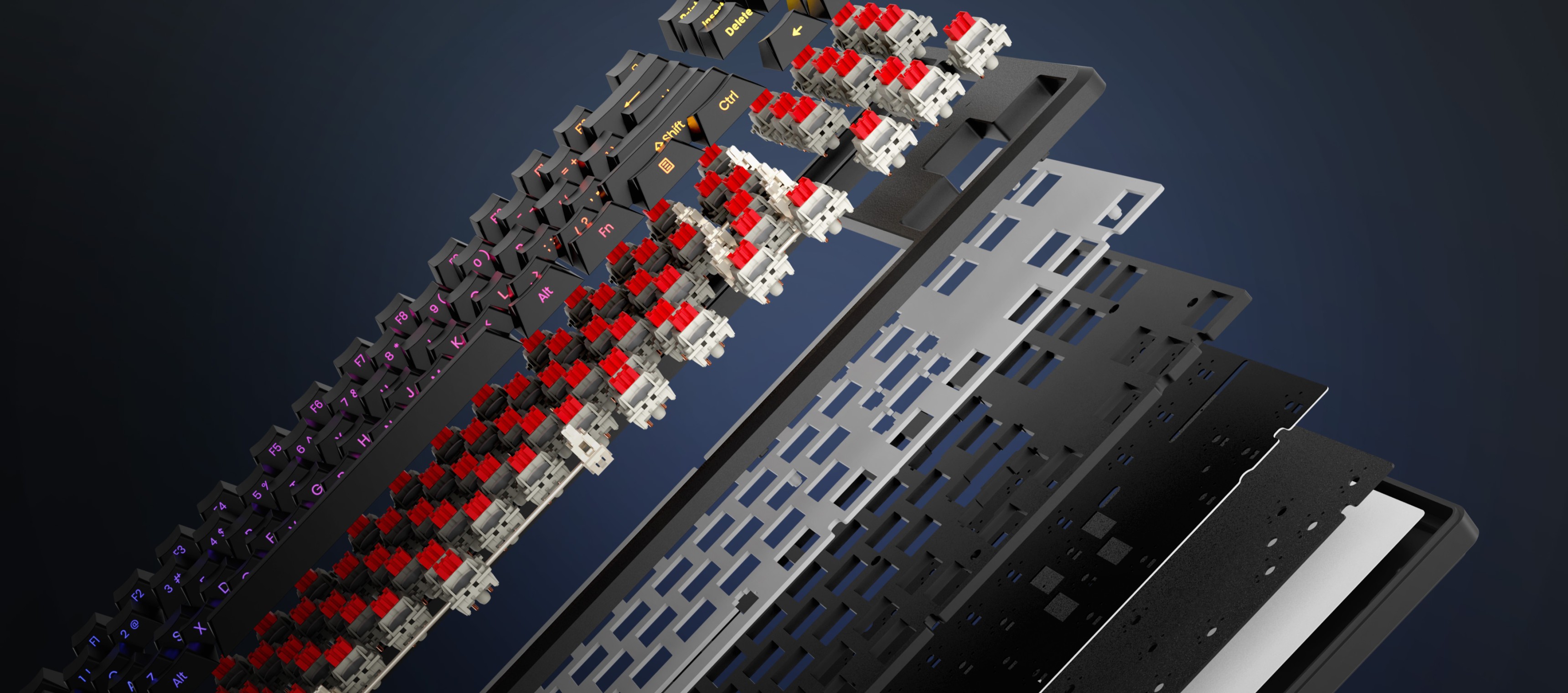 Keyboard components stacked together showing different switch types and layouts.