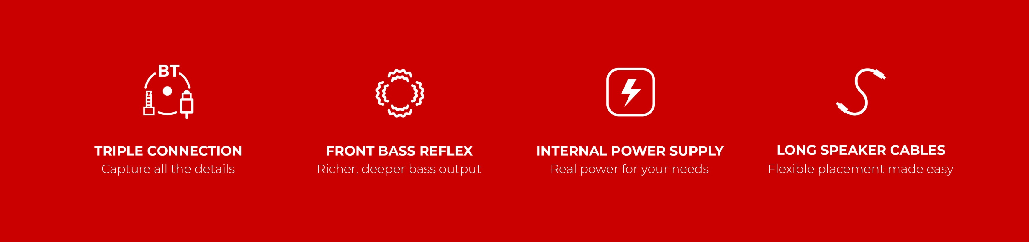 Four icons on a red background representing audio features and accessories.