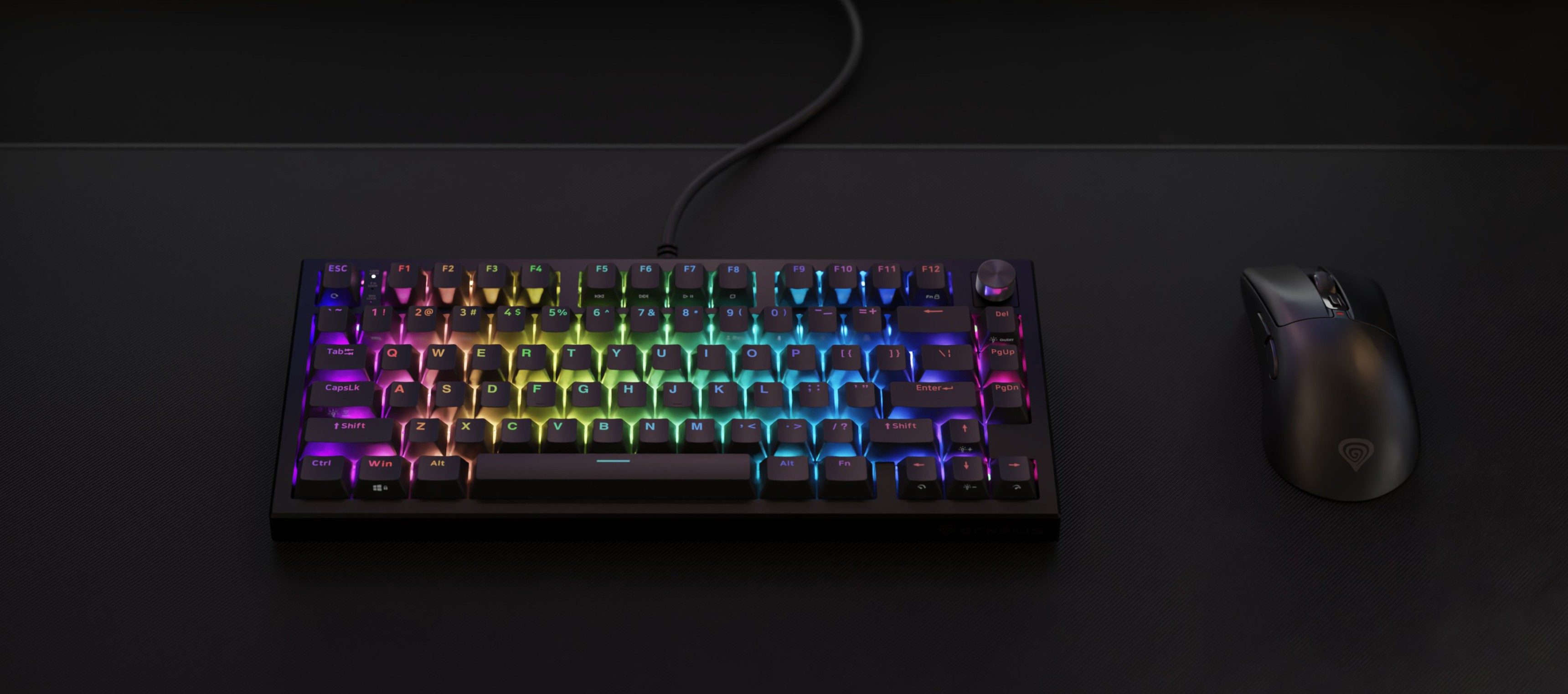 Keyboard with colorful backlighting next to a gaming mouse on a dark surface.