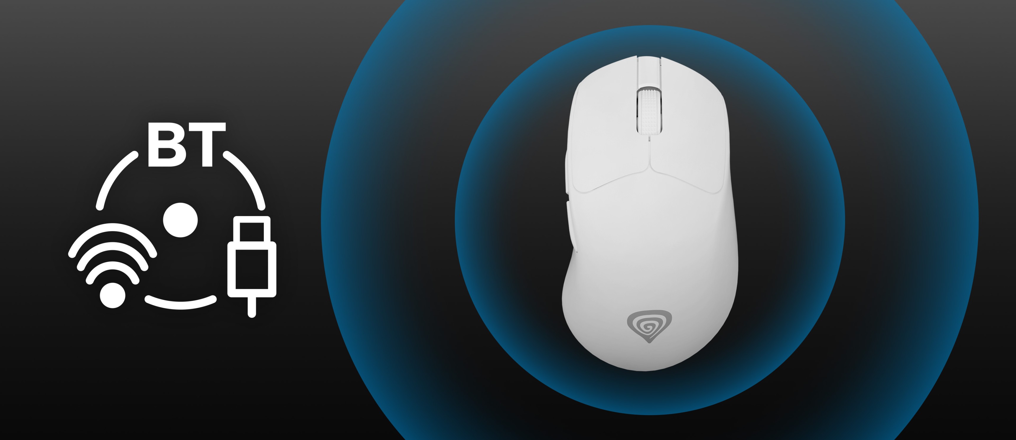 A white computer mouse centered on a dark background with glowing blue circles.