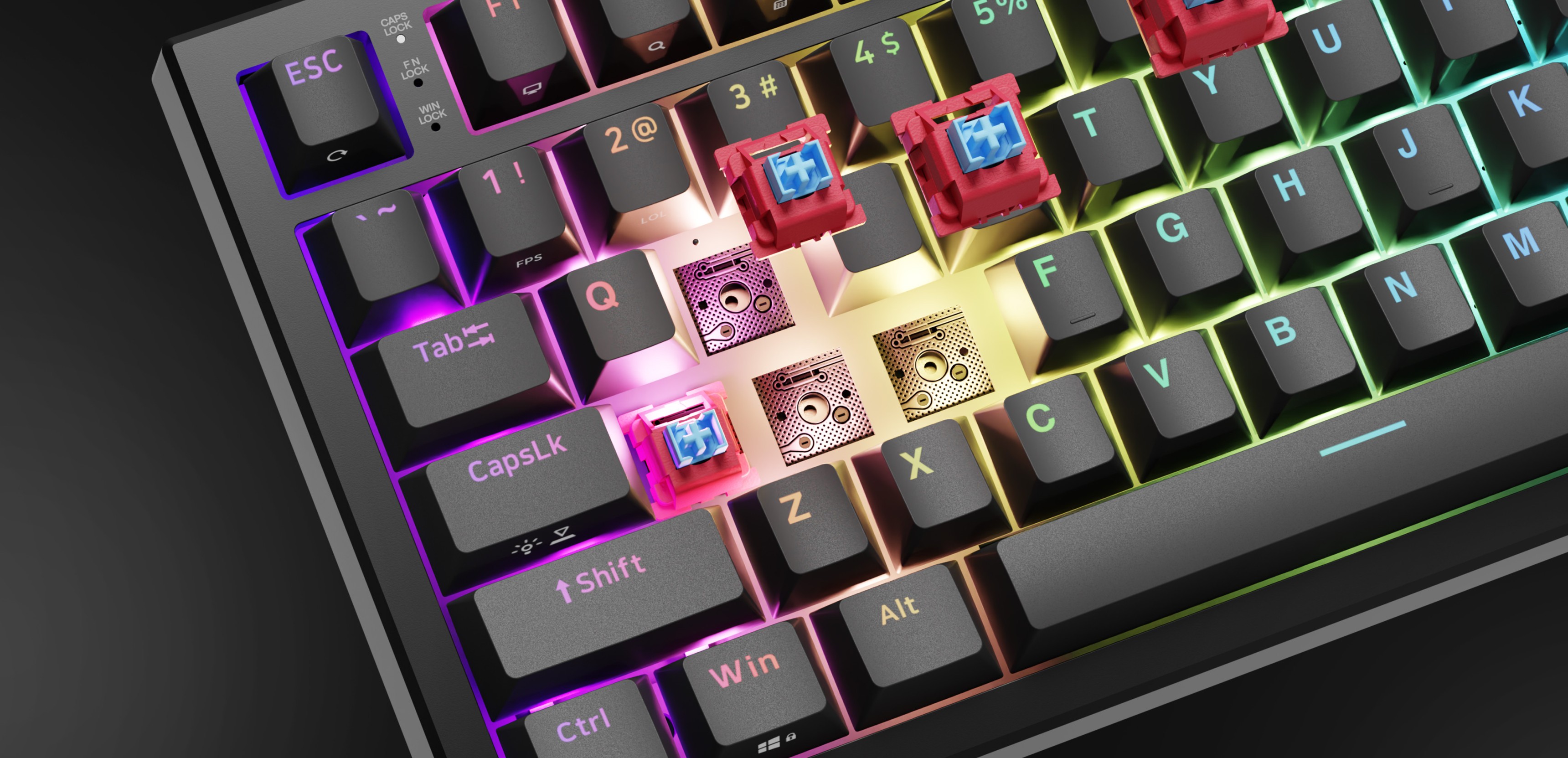 Keyboard with colorful backlighting and several decorative key switches.