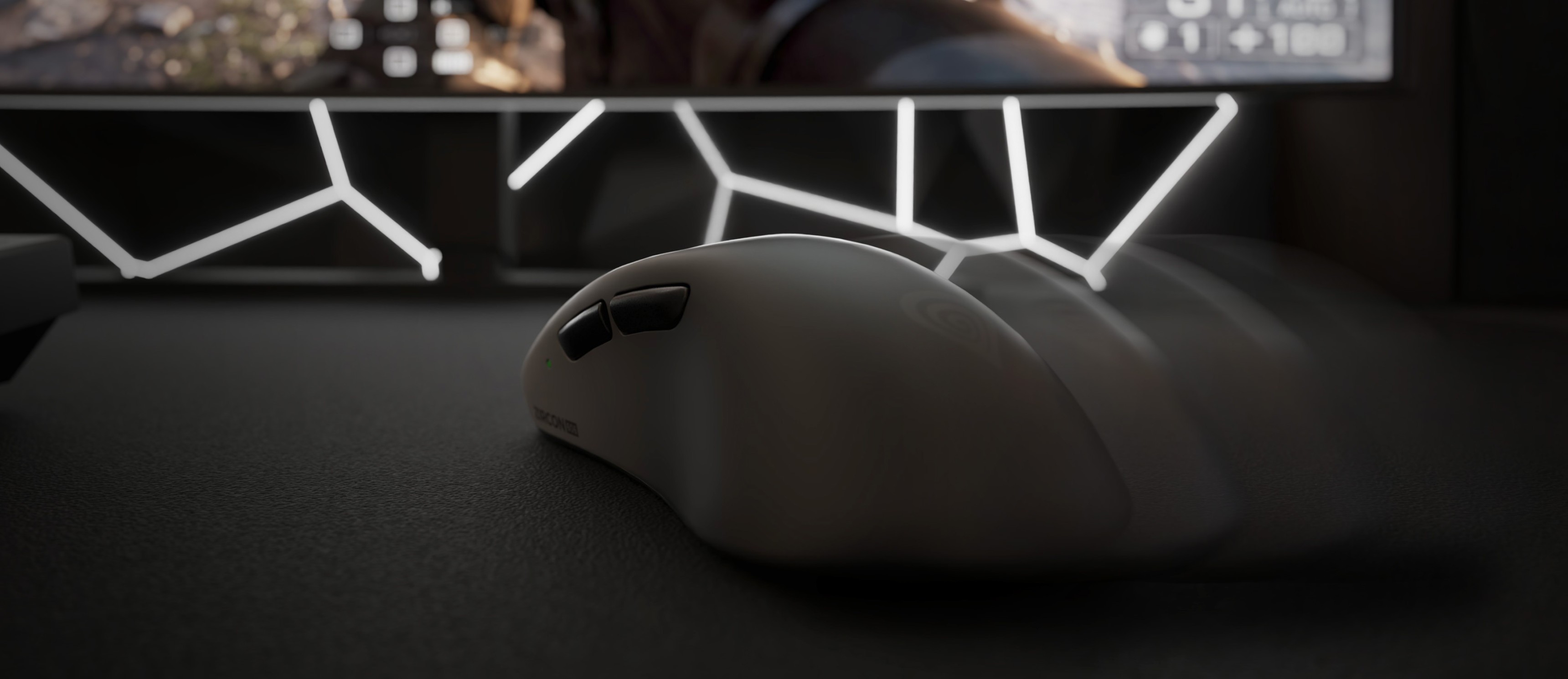 A white gaming mouse on a dark surface with motion blur effect and a glowing background.