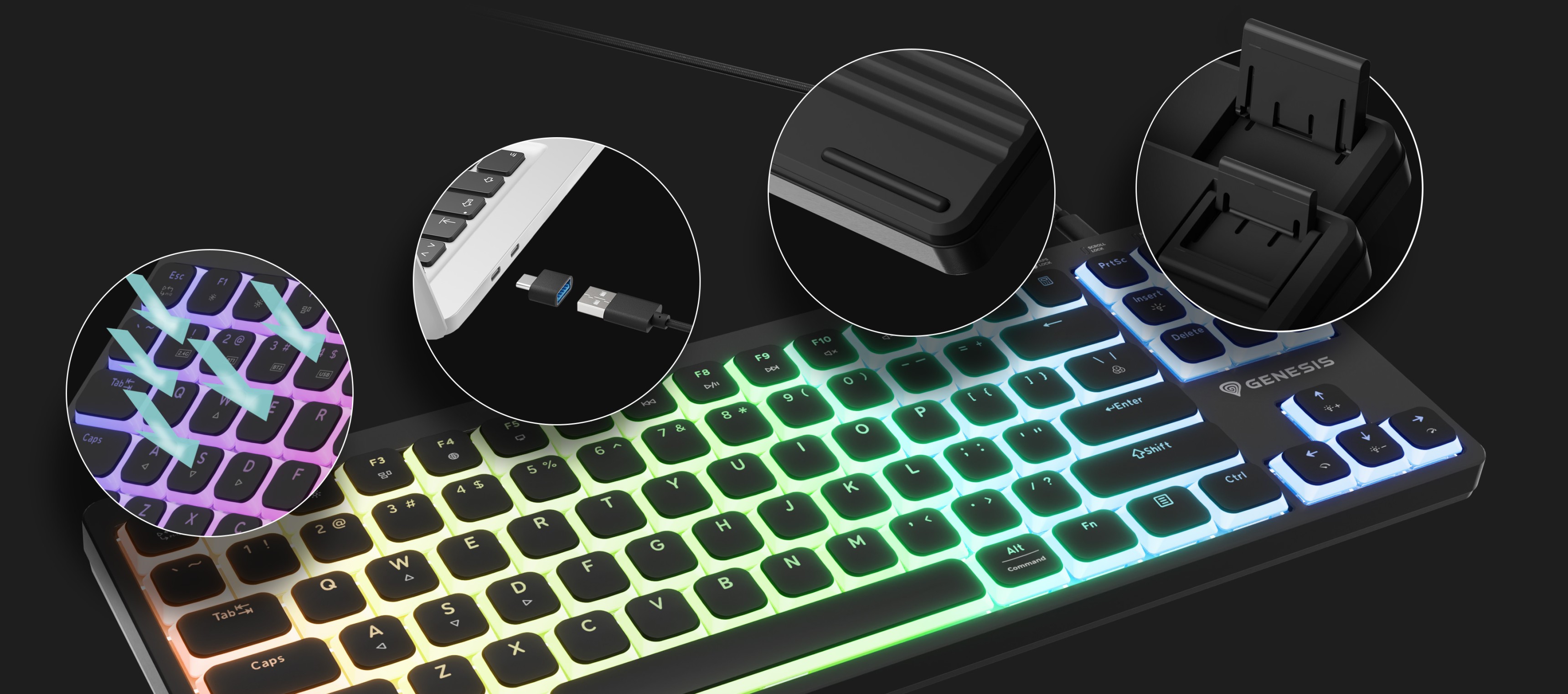 Keyboard with backlit keys, a connection cable, and adjustable stands for support.