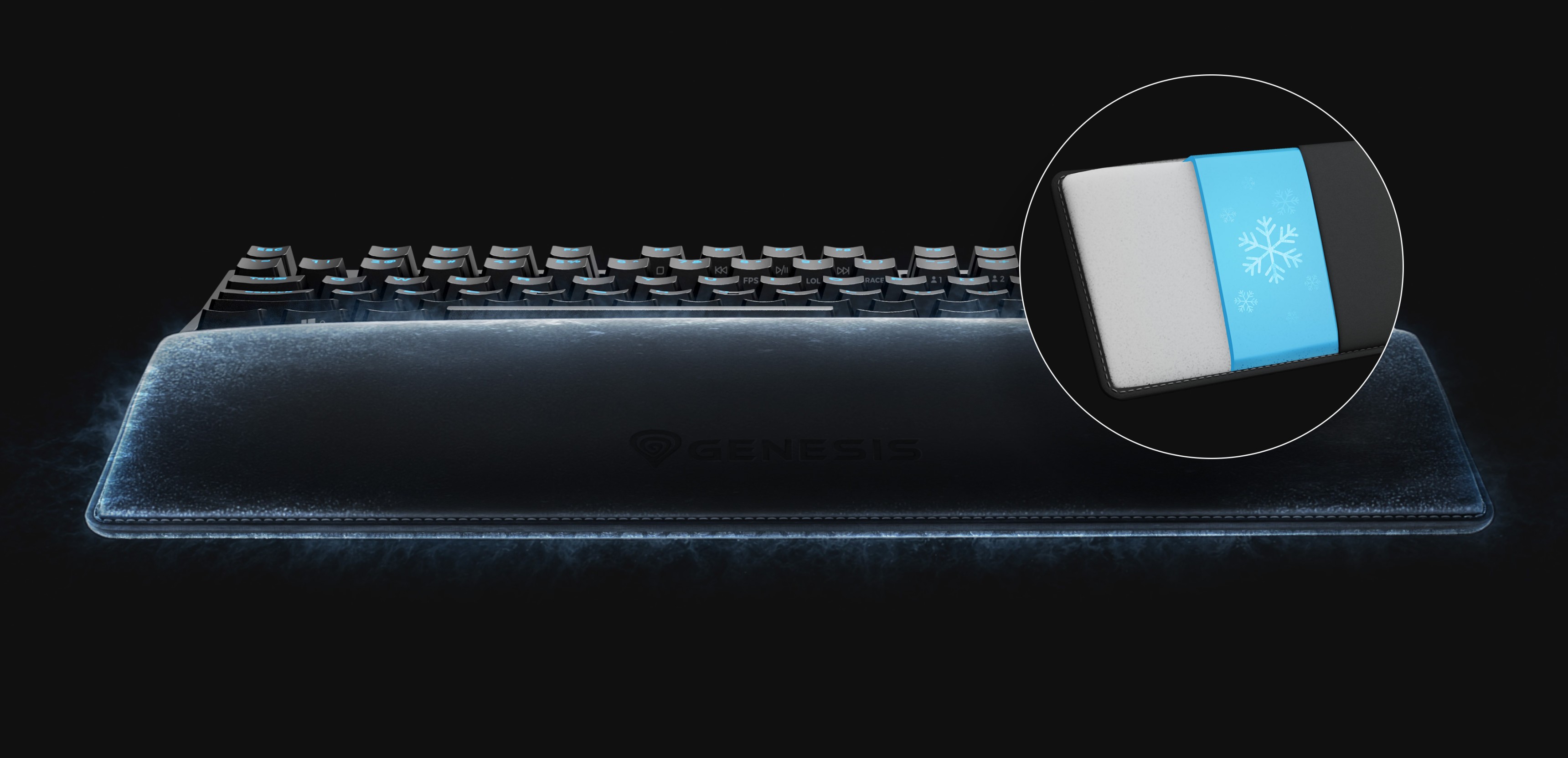 Keyboard with a sleek design and a highlighted wrist rest featuring a cool blue accent.