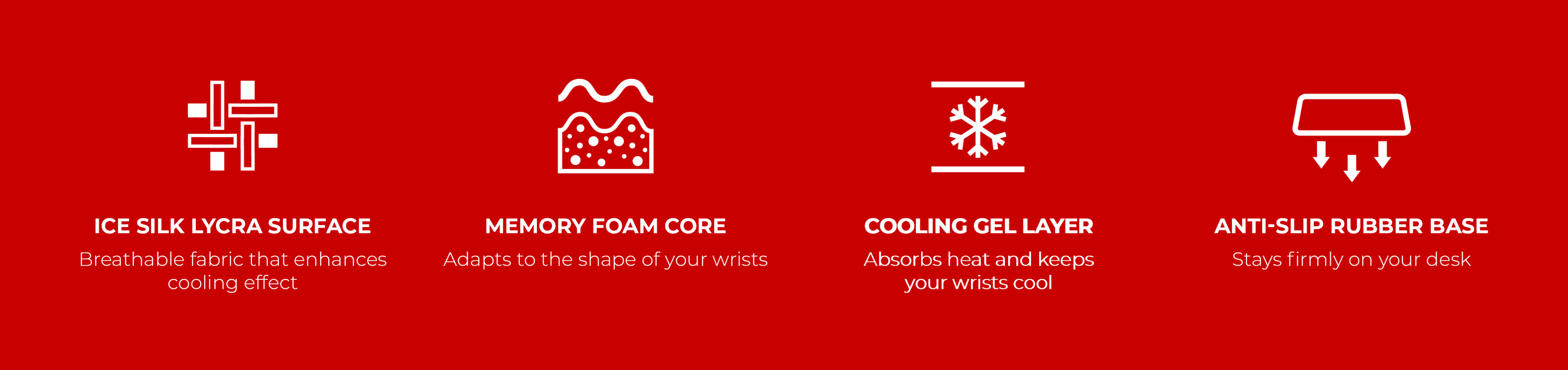 Four icons on a red background illustrating features of a product including cooling and support.