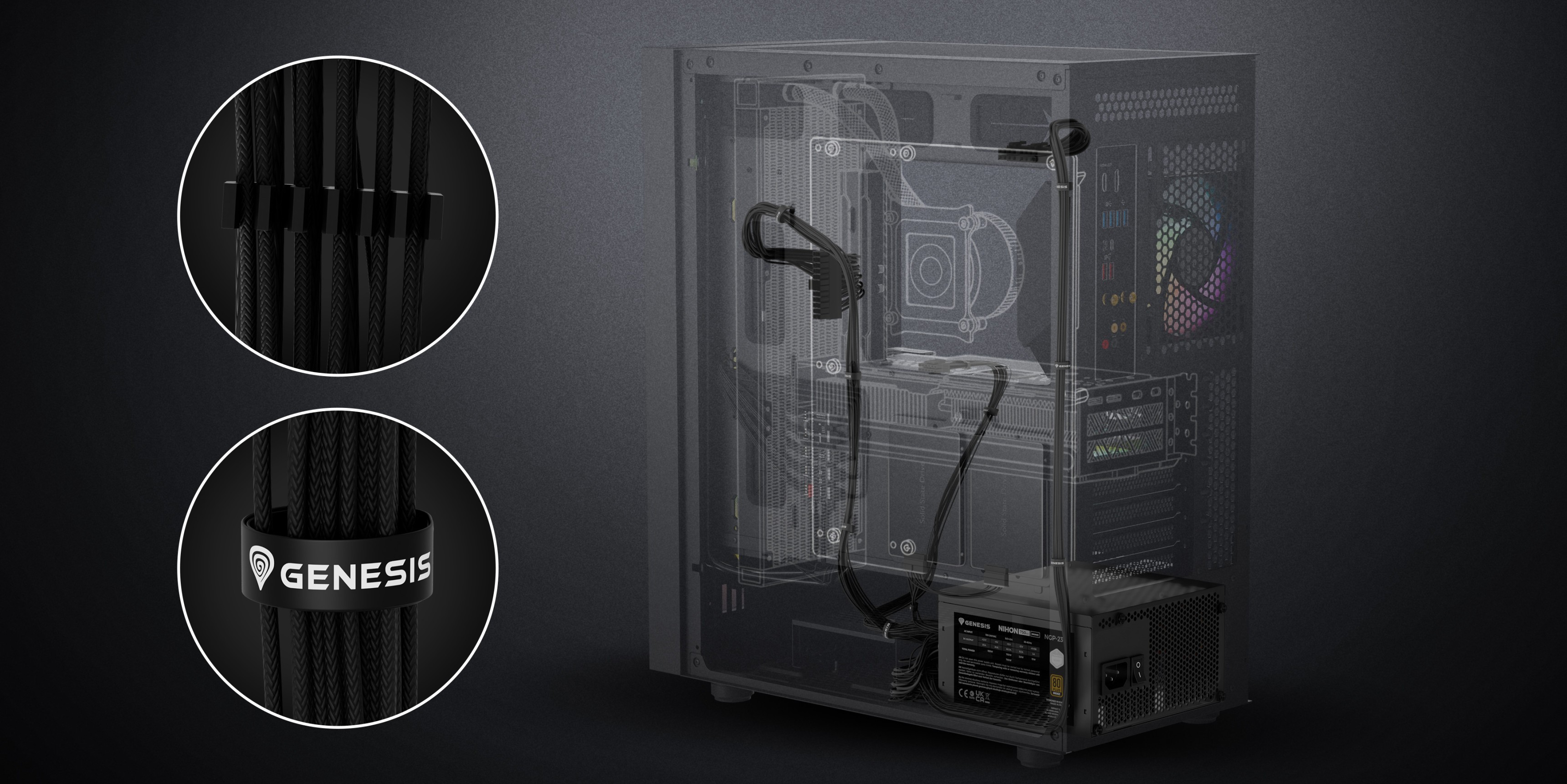 Computer case showcasing internal components and sleeved cables with a logo.