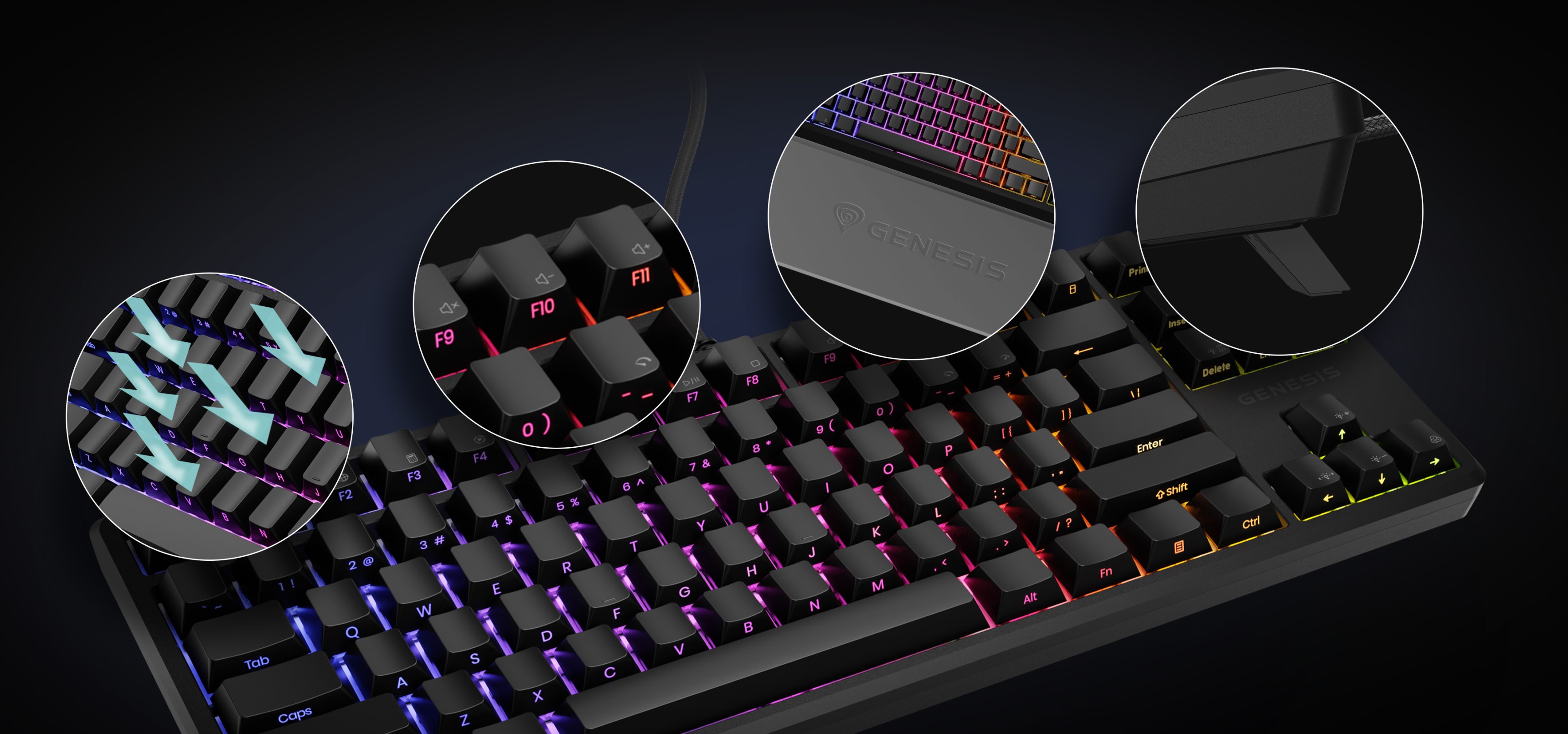 A keyboard featuring bright lighting and different key switch designs highlighted in circles.