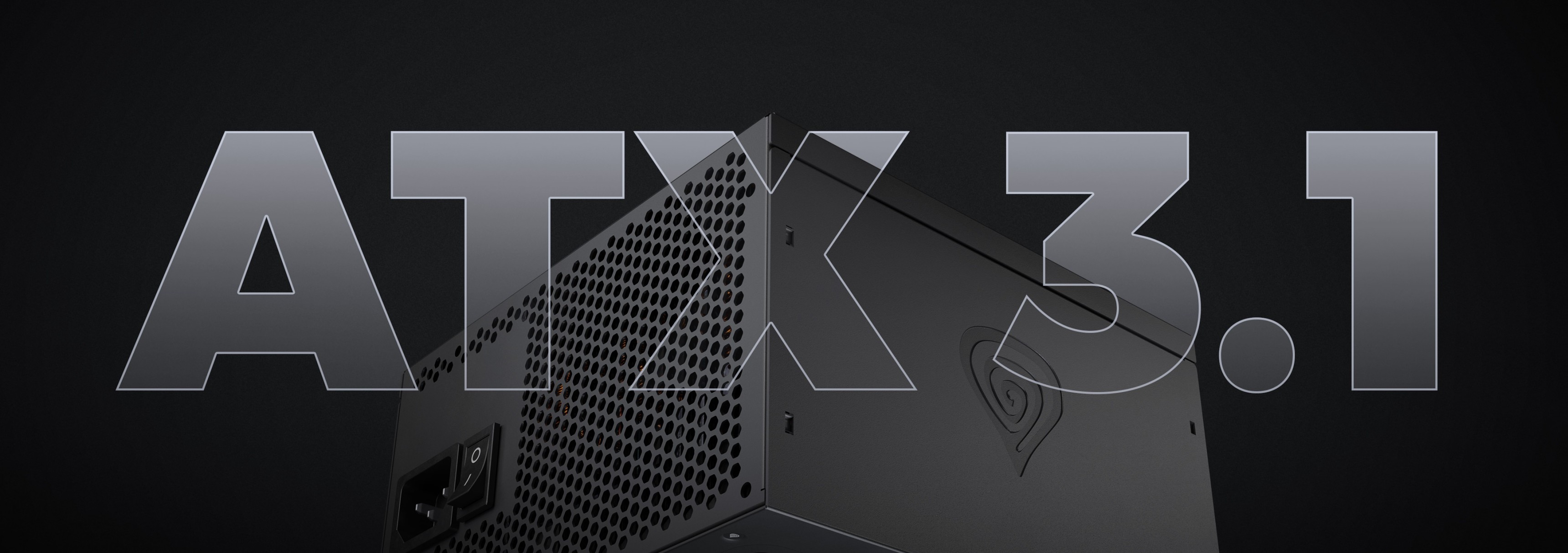 Power supply with a dark casing and ventilation grilles on the side.