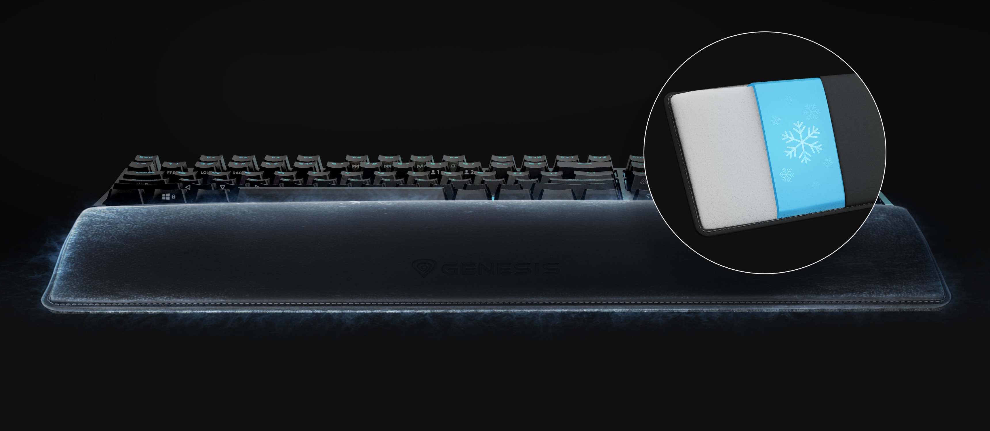 Keyboard with a large wrist rest featuring a smooth surface and rounded edges.